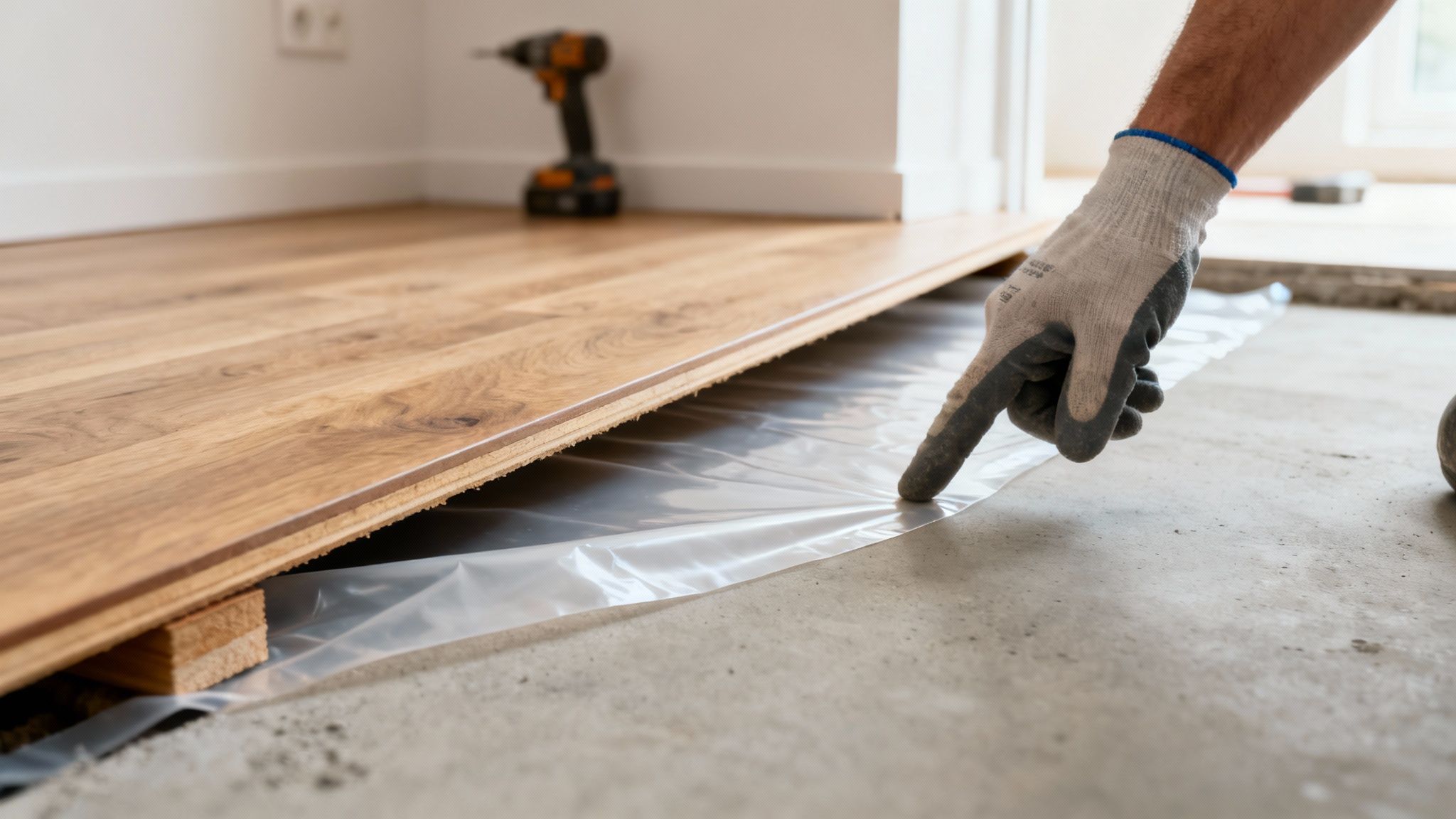 En hånd med handske peger på en fugtspærre under et nylagt trægulv i et rum.