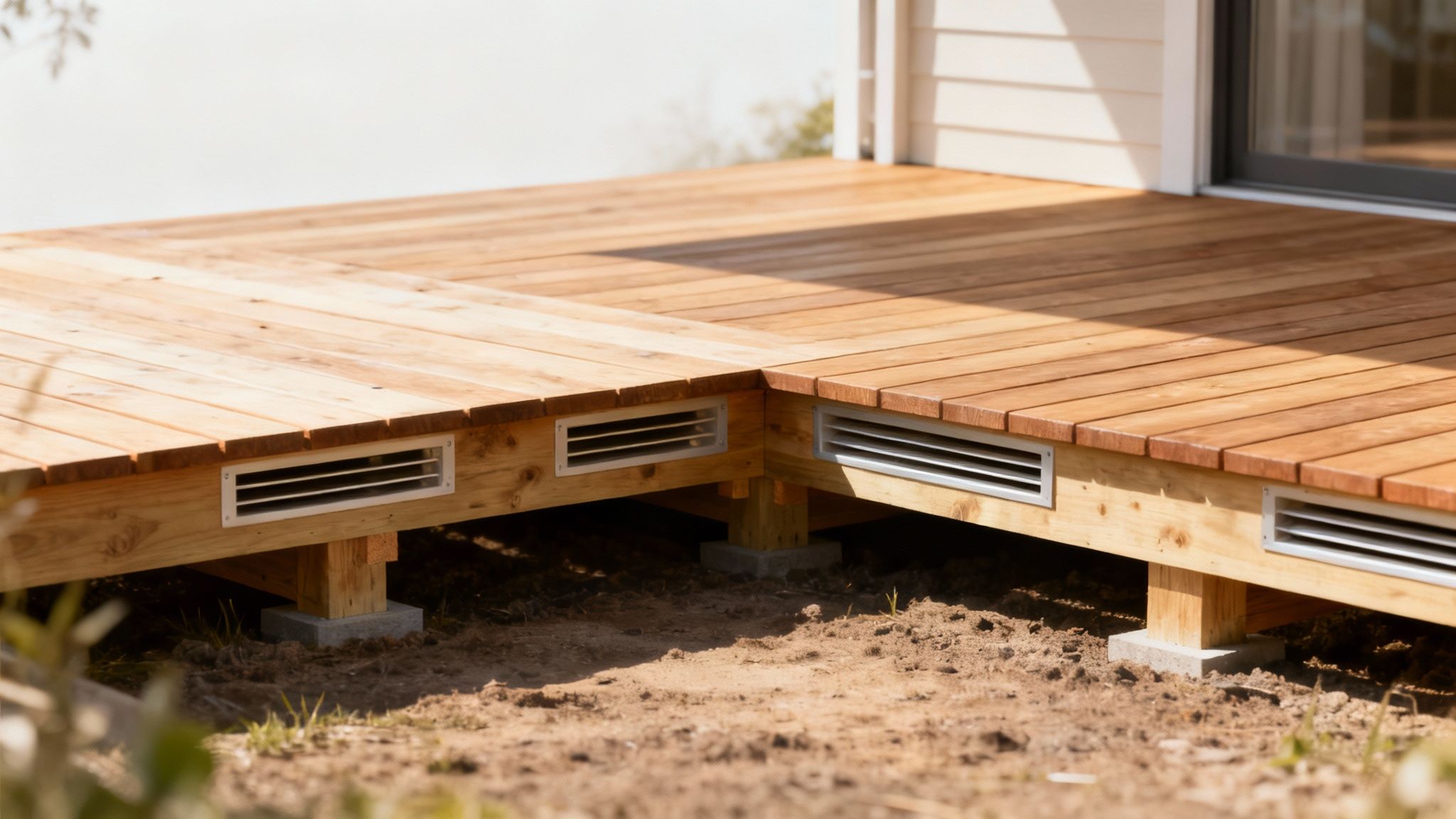 En velventileret træterrasse, hvor man kan se luften cirkulere frit under konstruktionen.