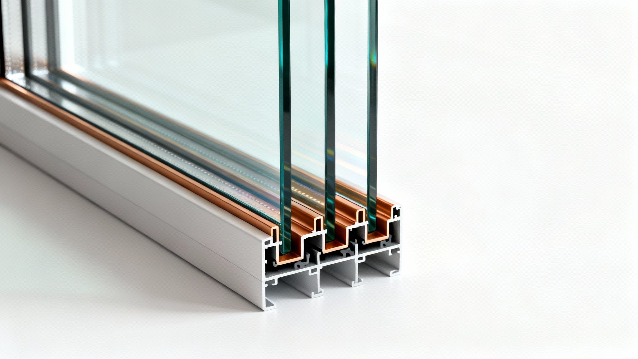 Tværsnit af et moderne vindueskarm med tre lags glas, der fremhæver energieffektiv isolering.