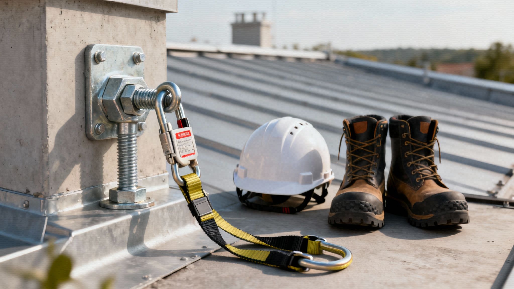 Sikkerhedsudstyr på et tag, med ankerpunkt, karabinhage, hjelm og arbejdsstøvler, klar til brug.