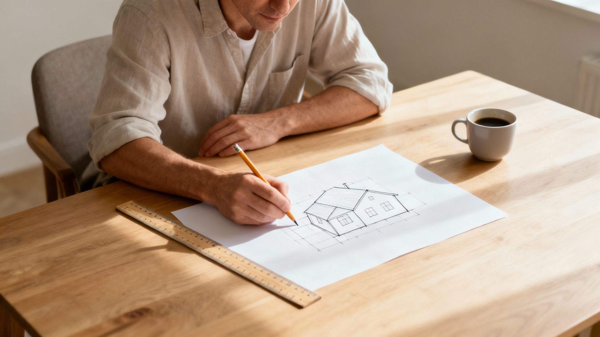 En person der tegner på et stykke papir med en blyant og lineal