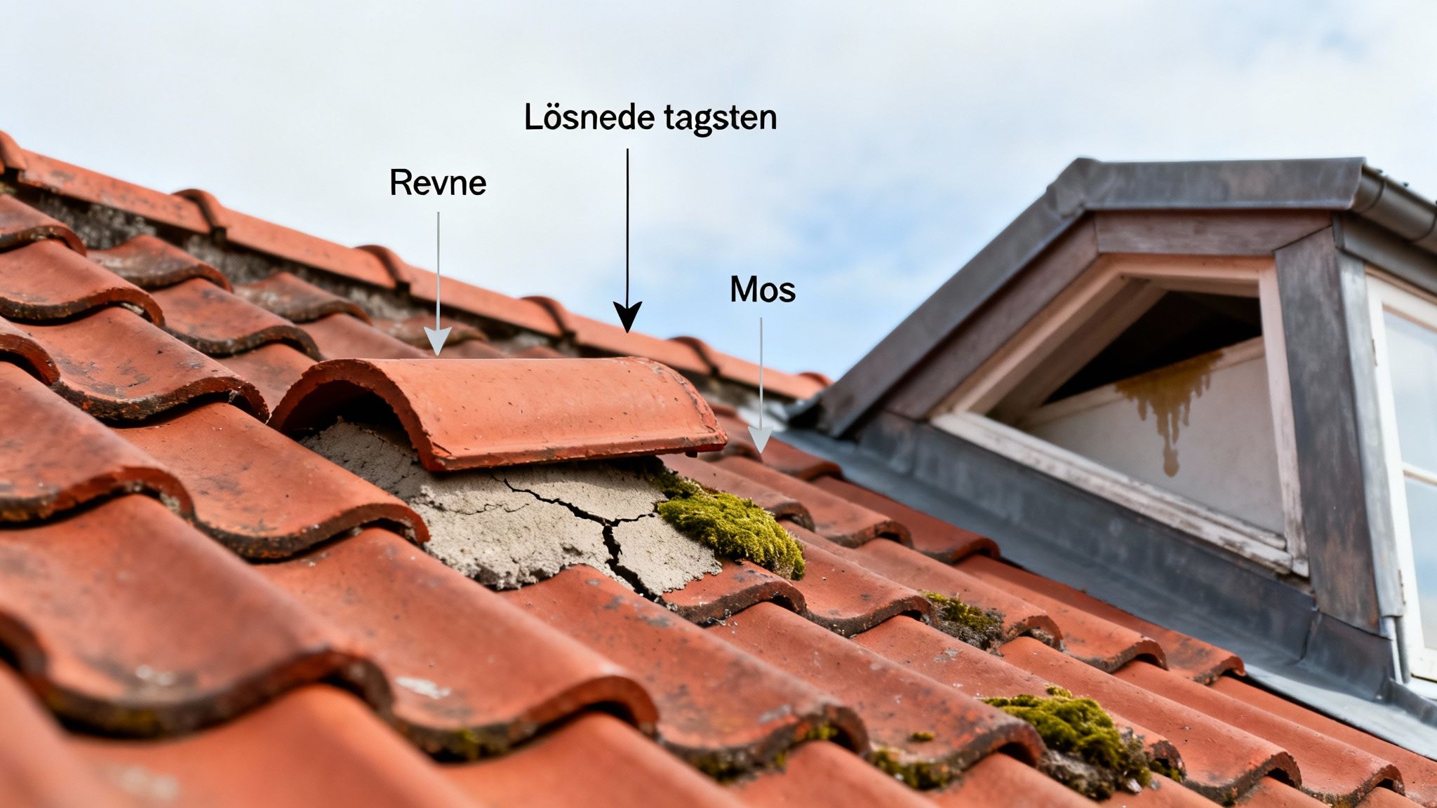 Nærbillede af et rødt tegltag med løs tagsten, revner i mørtlen og mosvækst, der indikerer skader.