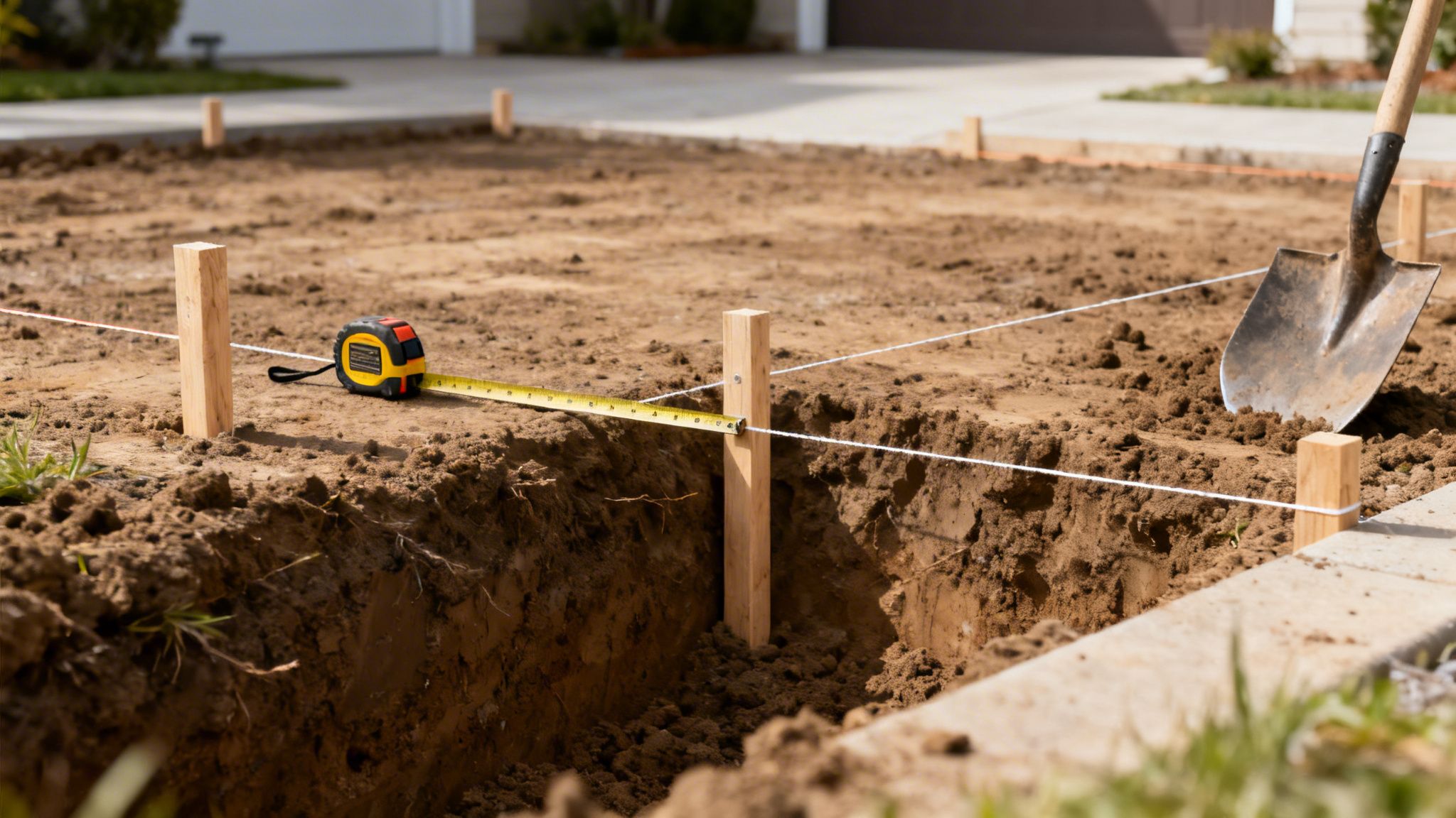 Byggeplads med opmåling og forberedelse af jord til ny indkørsel eller terrasse.