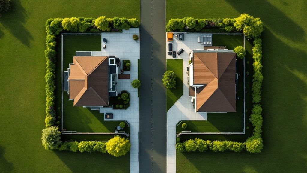 En tømrer der måler op tæt på skellet til en nabogrund.