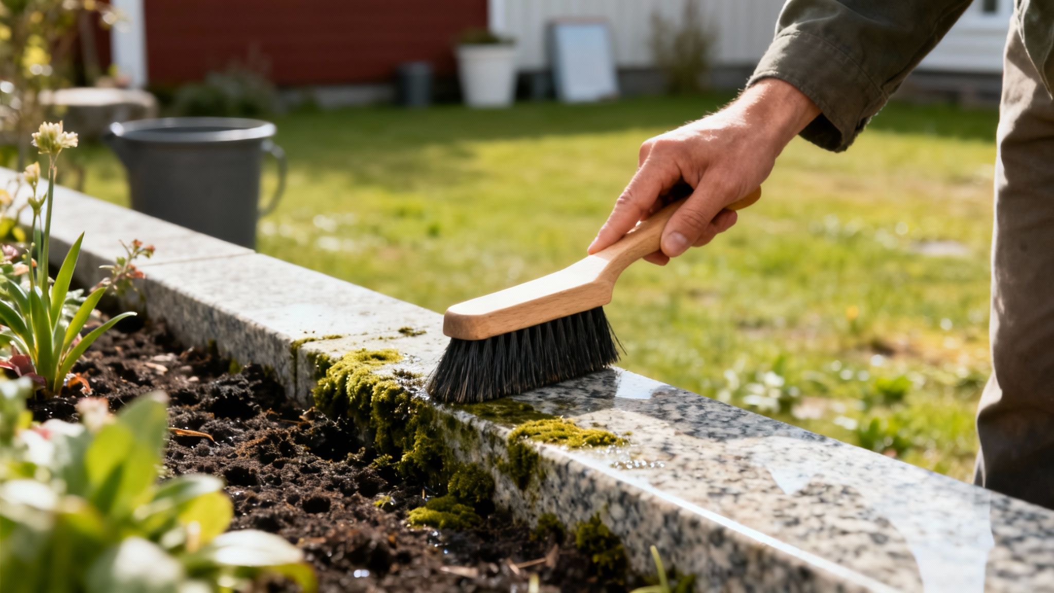 En person bruger en børste til at fjerne mos fra en granitkantsten ved et blomsterbed i haven.
