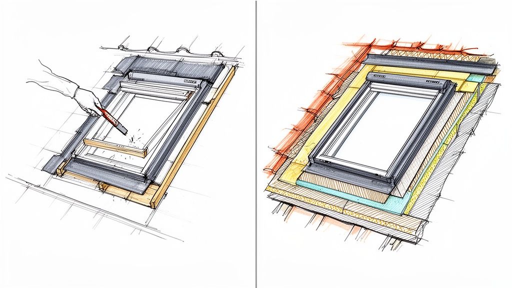 Detaljerede skitser af Velux vinduesinstallation i et tag, der viser både montage og isoleringslag.