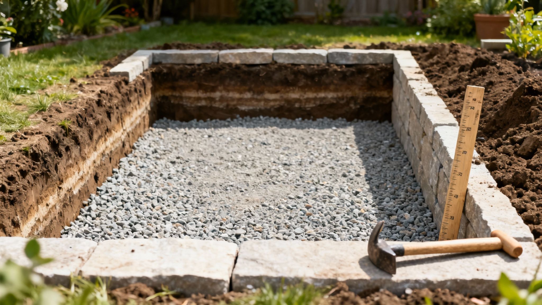 En delvist opført stenkonstruktion til et højbed i en have med grus i bunden og jord rundt om.