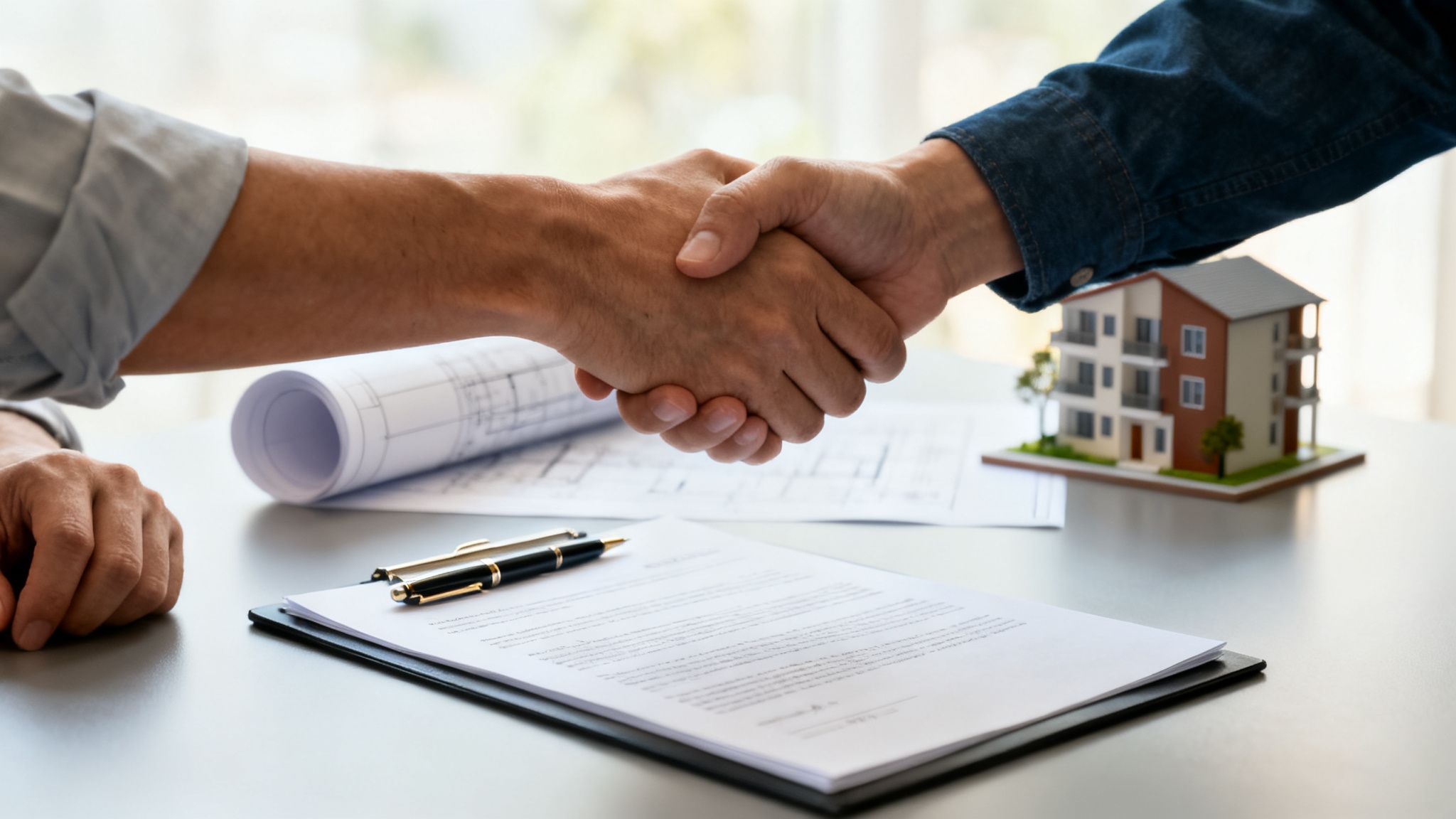 To mænd giver hånd over en byggekontrakt, arkitekttegninger og en model af et hus på et bord.