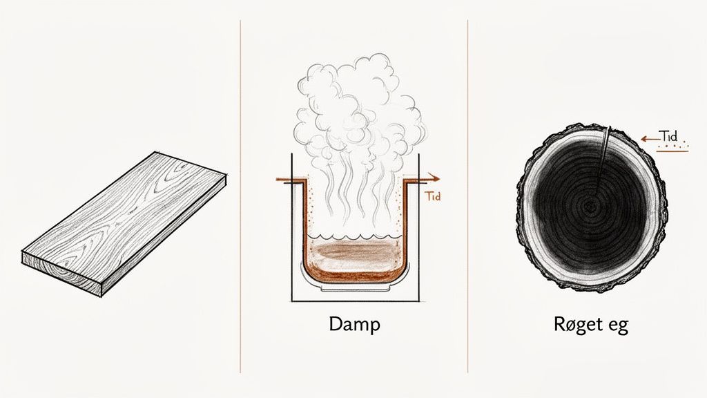 Billede der viser processen fra en træplanke til dampning og endelig en skive røget eg.