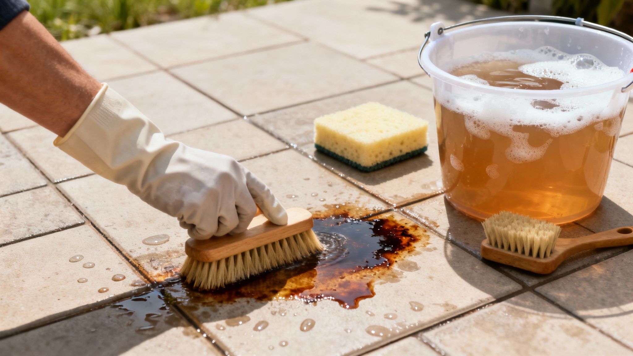 En person i handsker skrubber en oliepøl fra beige fliser med en børste, med spand og svamp tæt på.