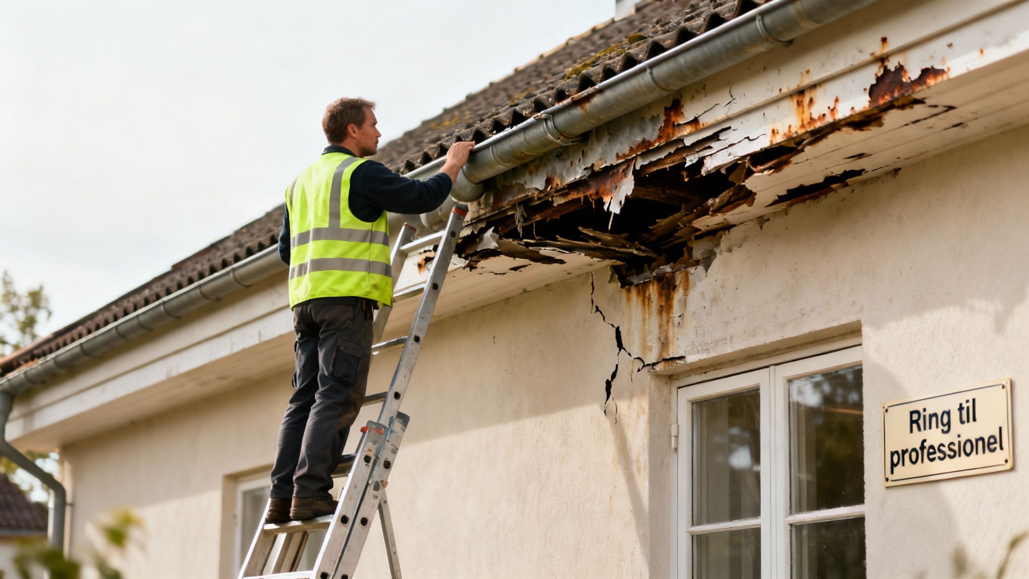 En mand i sikkerhedsvest på stige inspicerer stærkt beskadiget tagrende og tagudhæng med rust og revner på et hus.