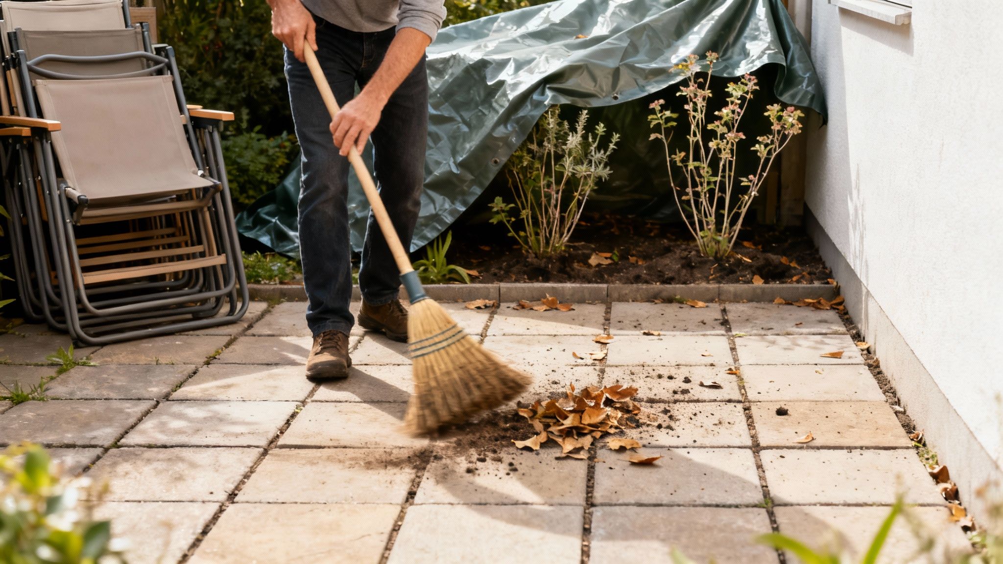 En person fejer blade og snavs fra fliser på en terrasse med en kost.