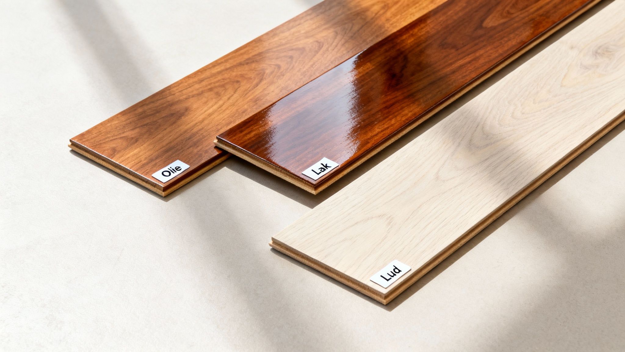Tre trægulvsprøver med forskellige overfladebehandlinger: olie, lak og lud, der viser forskellige finish.