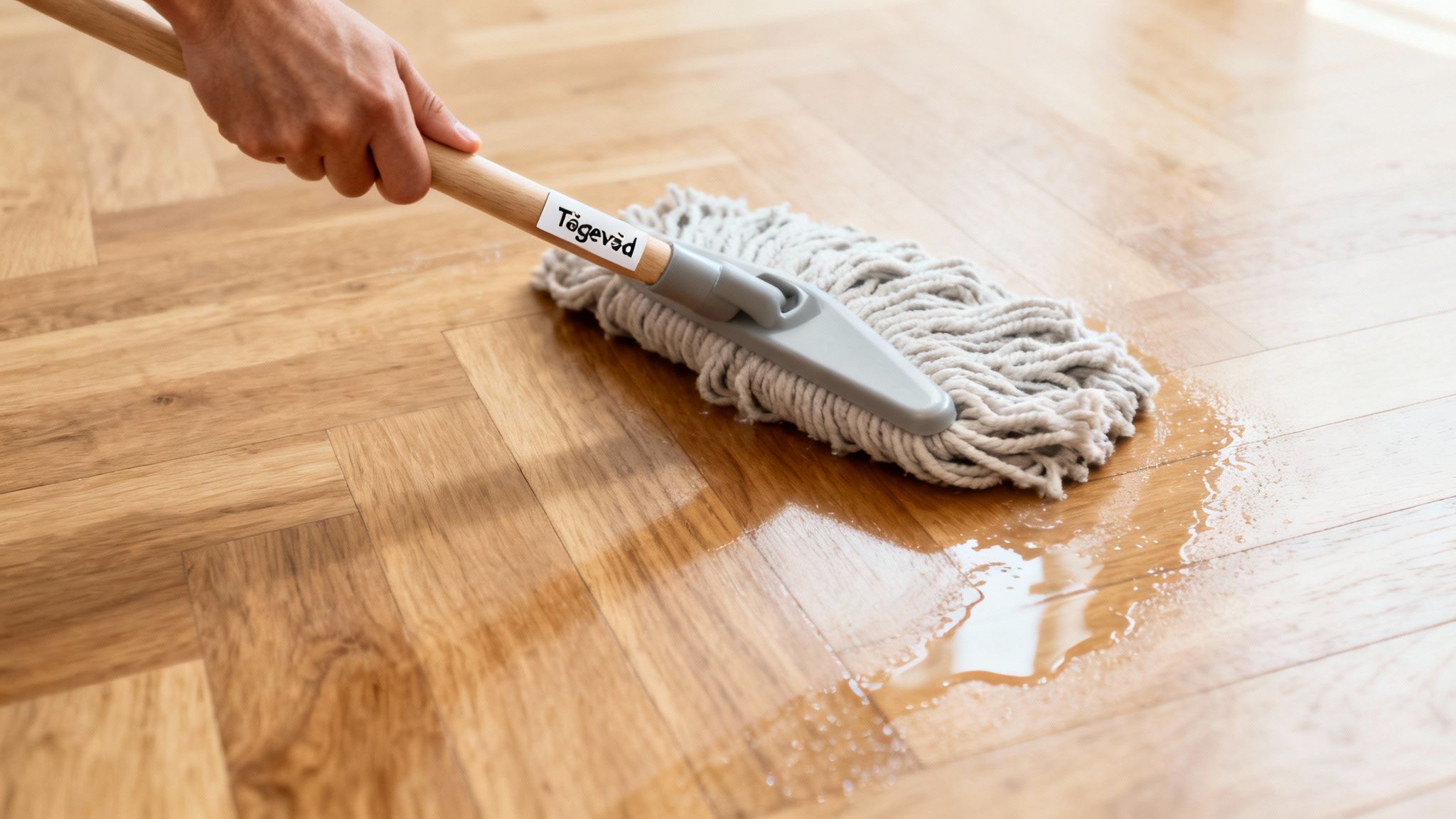 En person mopper et lakeret trægulv med vand, fjerner snavs og efterlader en ren overflade.