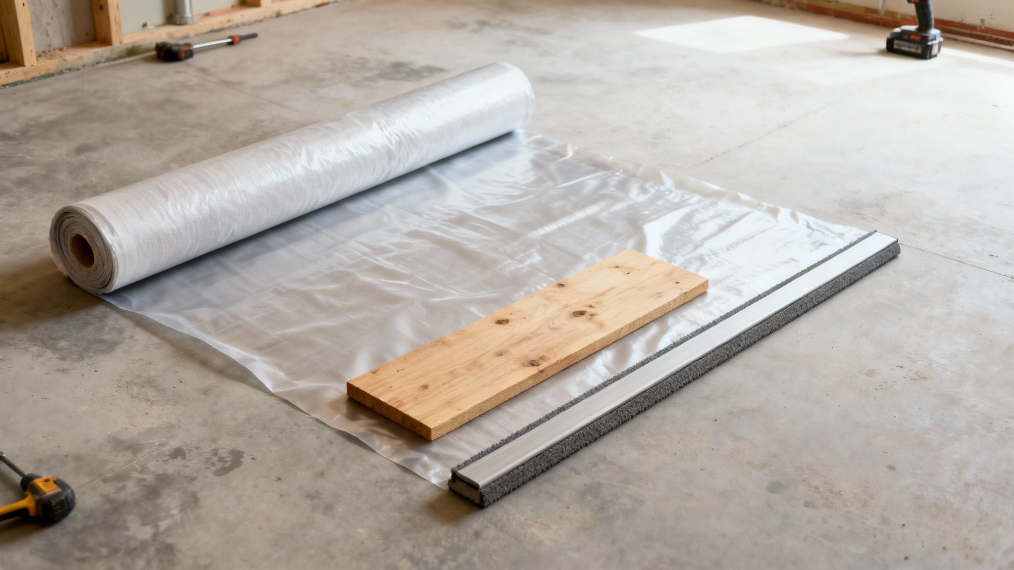 En rulle klar plastfolie, et træbræt og en gulvprofil på et betongulv, klar til gulvinstallation.