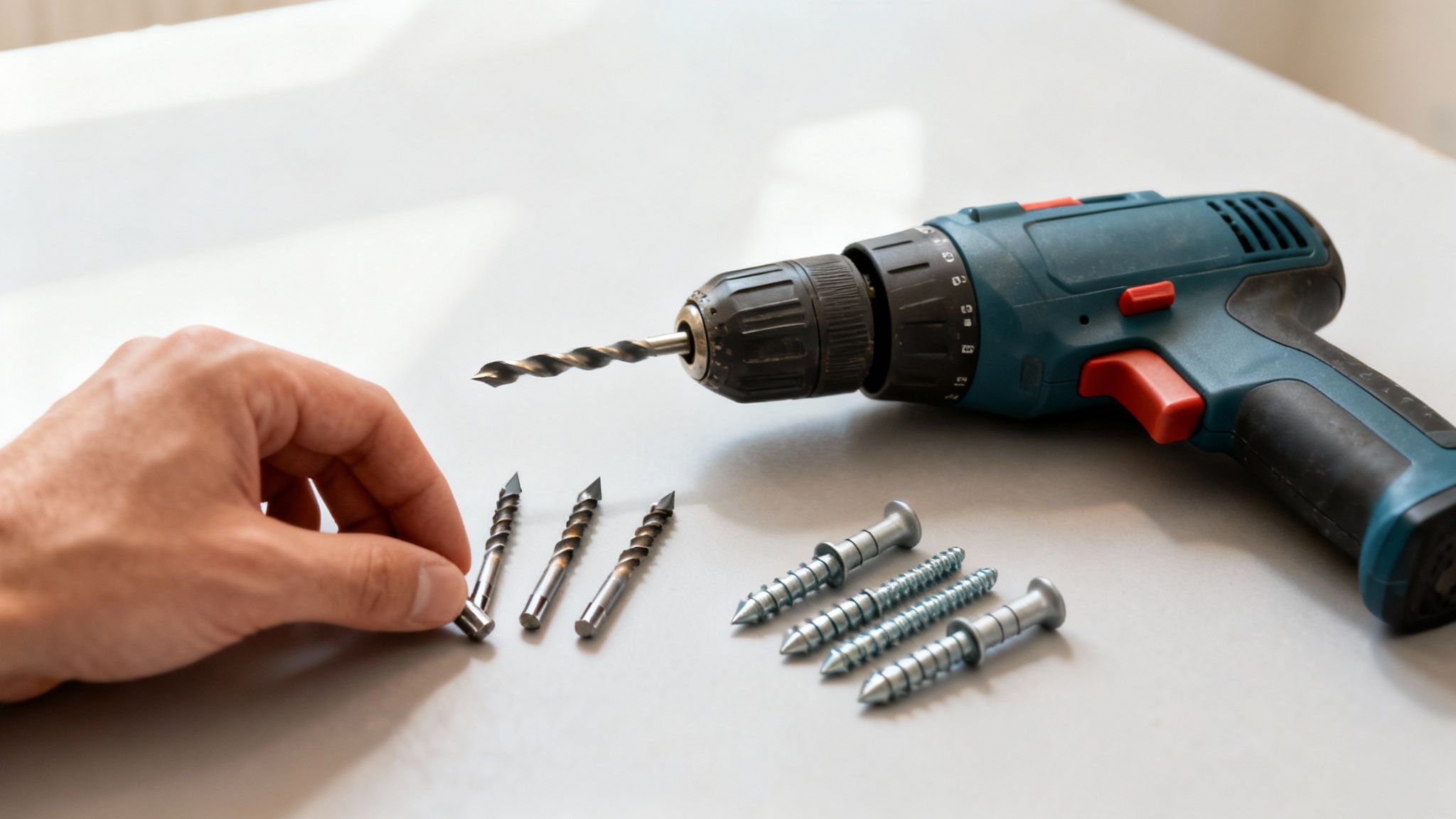 En hånd vælger et bor. En boremaskine, bor og skruer ligger på en hvid overflade.
