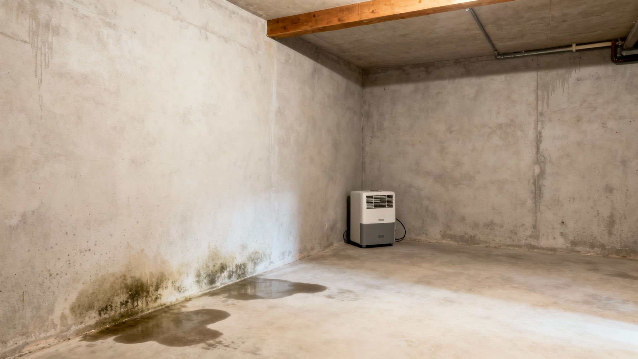 En kælder med skimmelsvamp og vandskade på vægge og gulv, hvor en affugter er i brug.