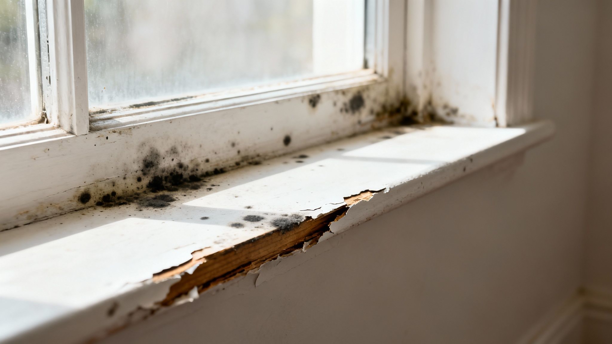 Skimmelsvamp og fugtskade på hvidt vinduesparti med afskallet maling og snavs.