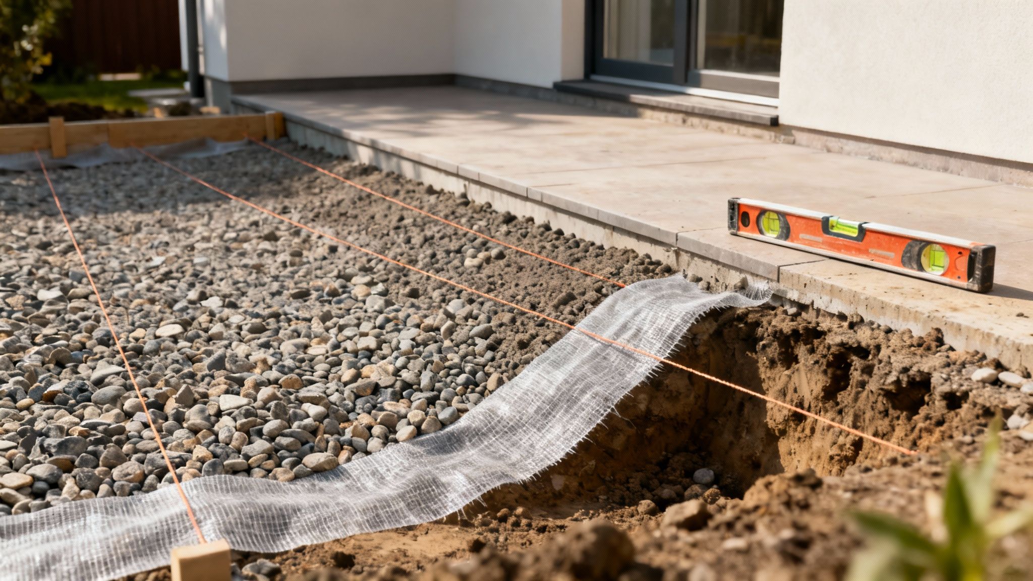 En person i gang med at grave ud til fundamentet for en træterrasse