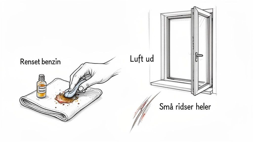 Illustration af pleje og vedligeholdelse, der viser pletfjerning med renset benzin, udluftning af et rum og små ridser der heler.