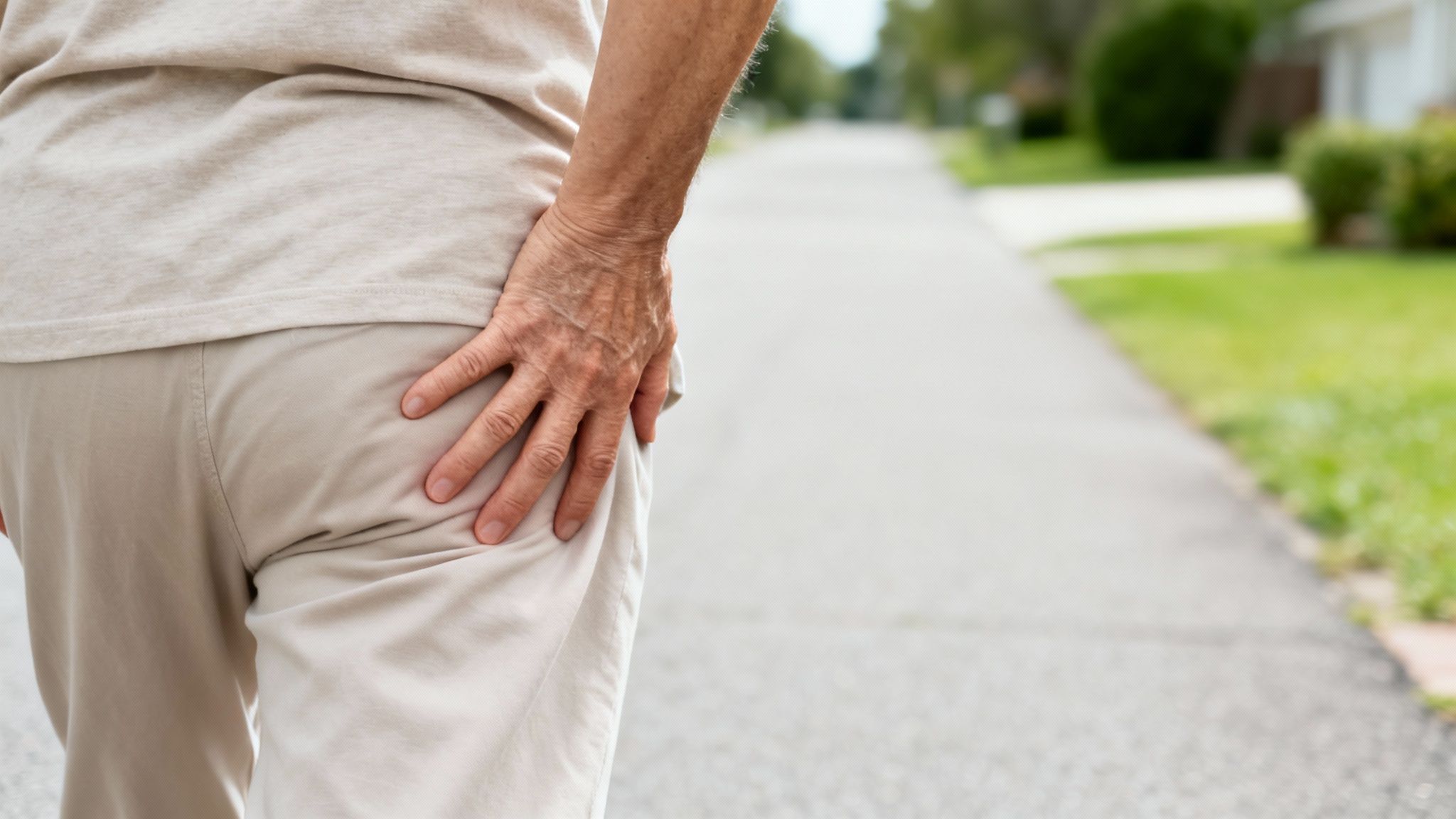 Nærbillede af en person, der holder sig om hoften med smerte under en gåtur.