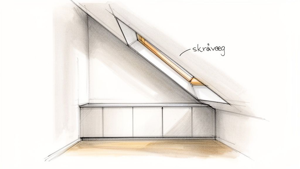 Skitser af indbyggede skabe under skråvæg med ovenlysvindue, optimering af loftrum.