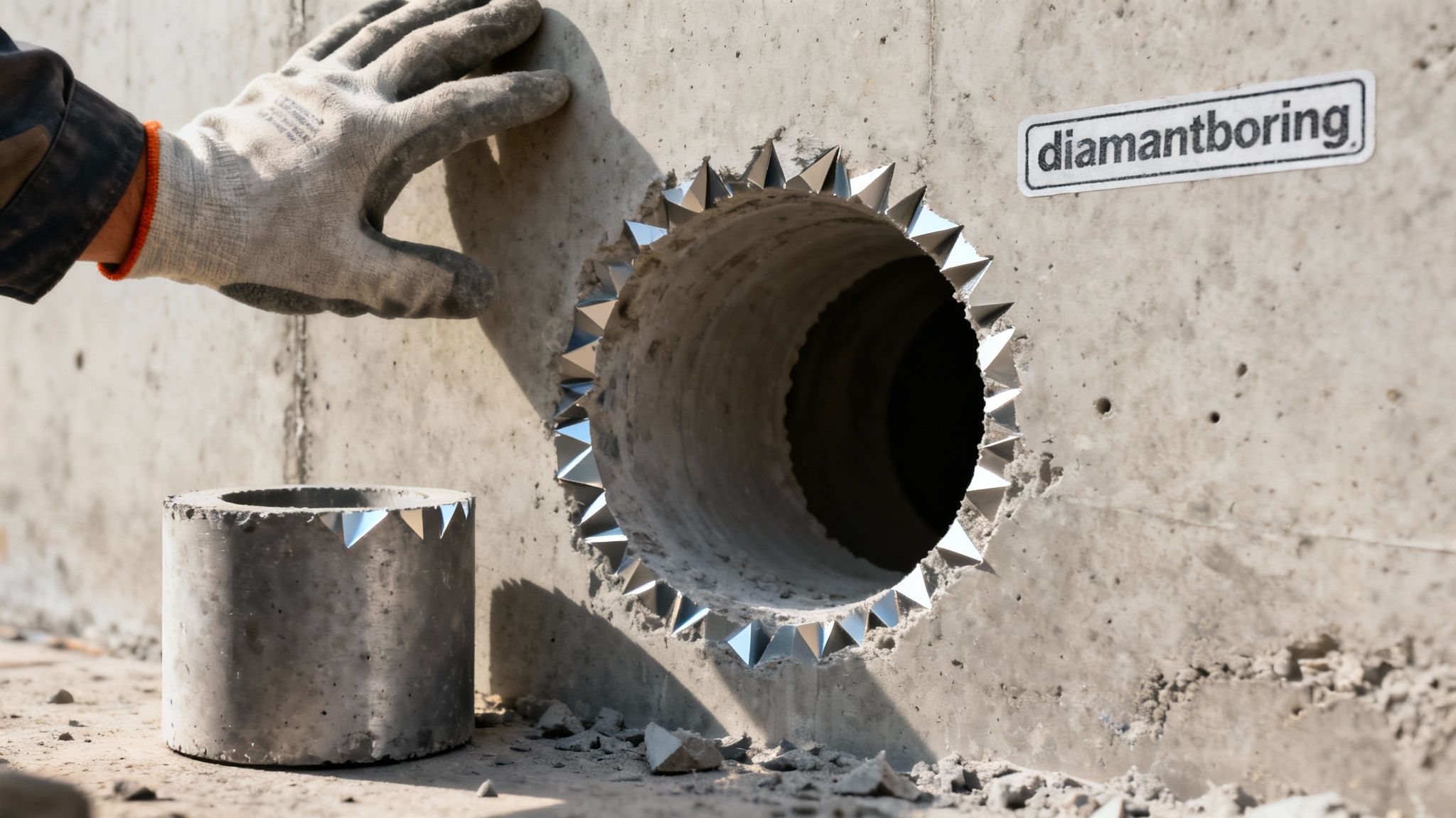 En person med handske holder ved en betonvæg med et nyligt diamantboret hul. En betonkerne ligger ved siden af.