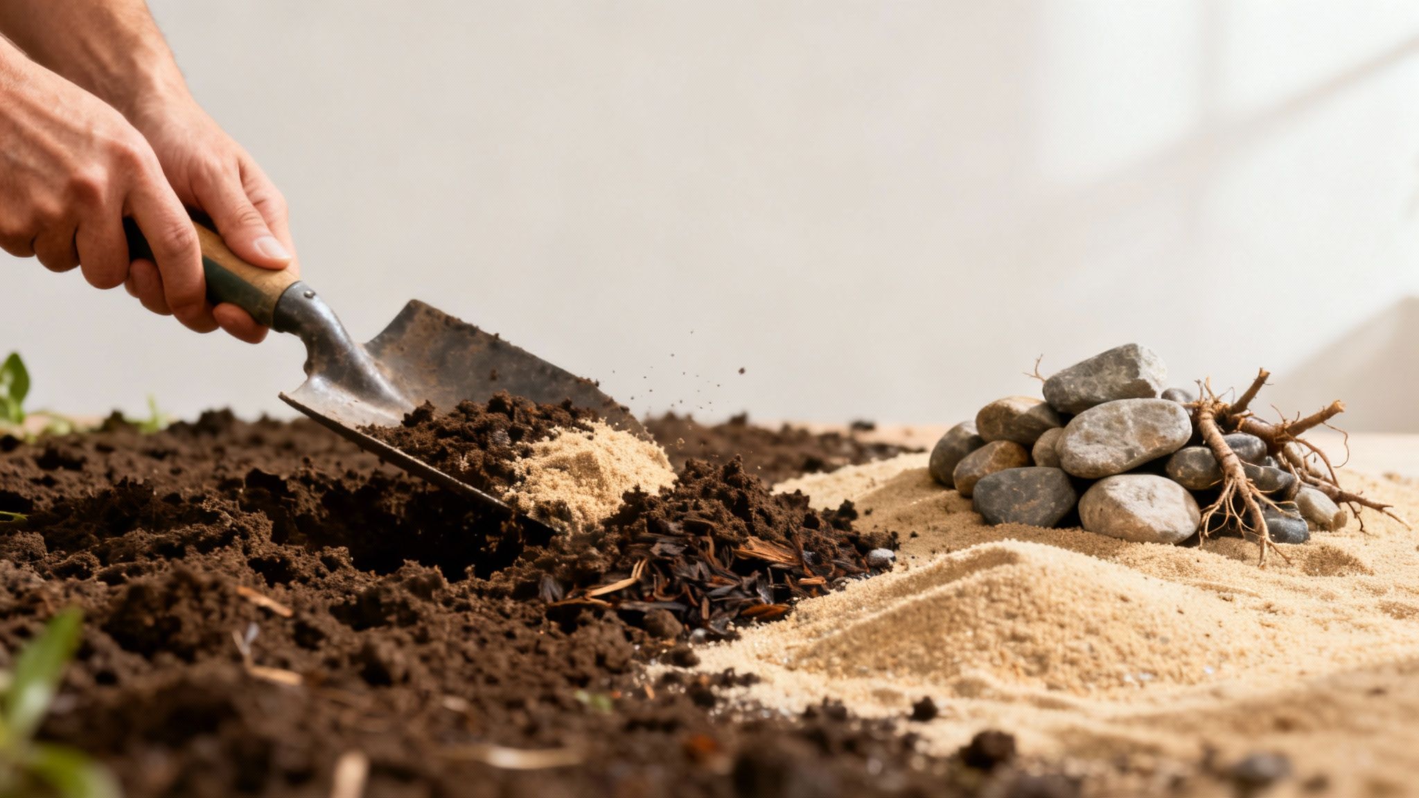 En person skovler mørk jord og lys sand med en murske, klar til at så græs.