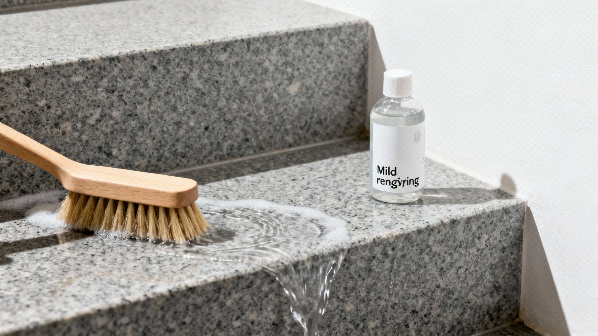 En granittrappe bliver omhyggeligt rengjort med en træbørste og et mildt rengøringsmiddel, med vand der strømmer ned ad trinene.