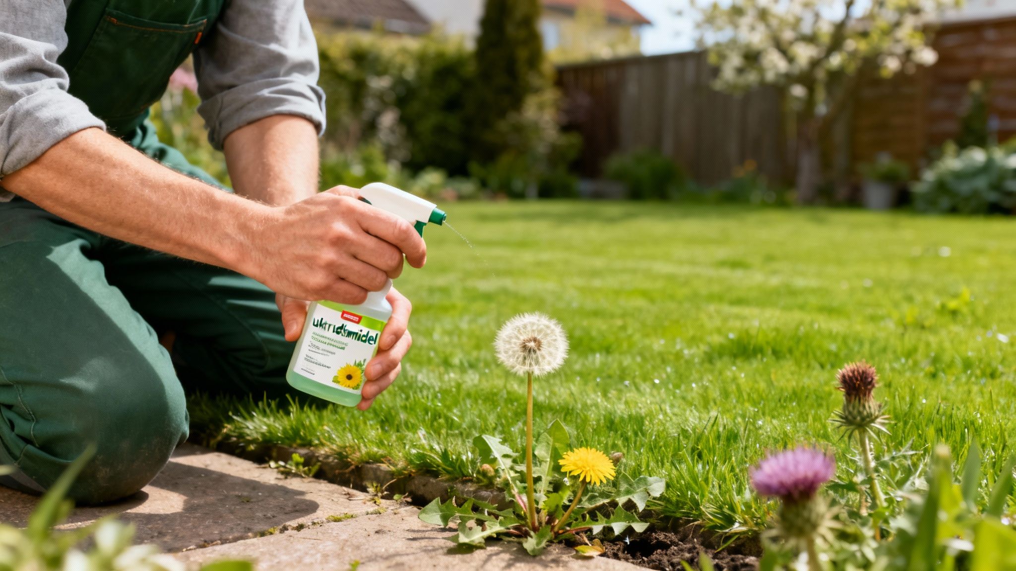 Grøn græsplæne med mælkebøtter, der illustrerer behovet for ukrudtsmiddel