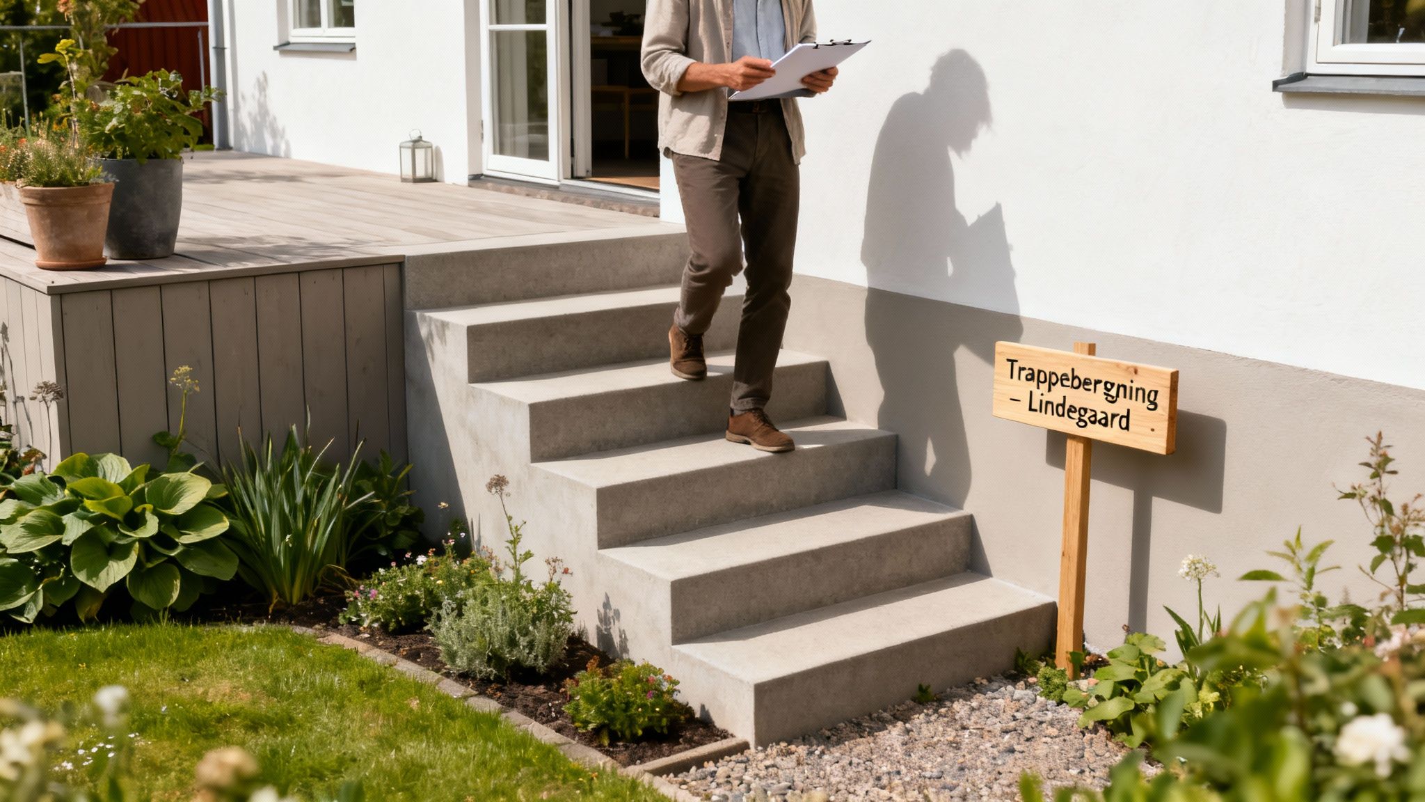 En mand går ned ad en udendørs betontrappe ved et hus med en have. Et skilt angiver 'Trappebergning - Lindegaard'.