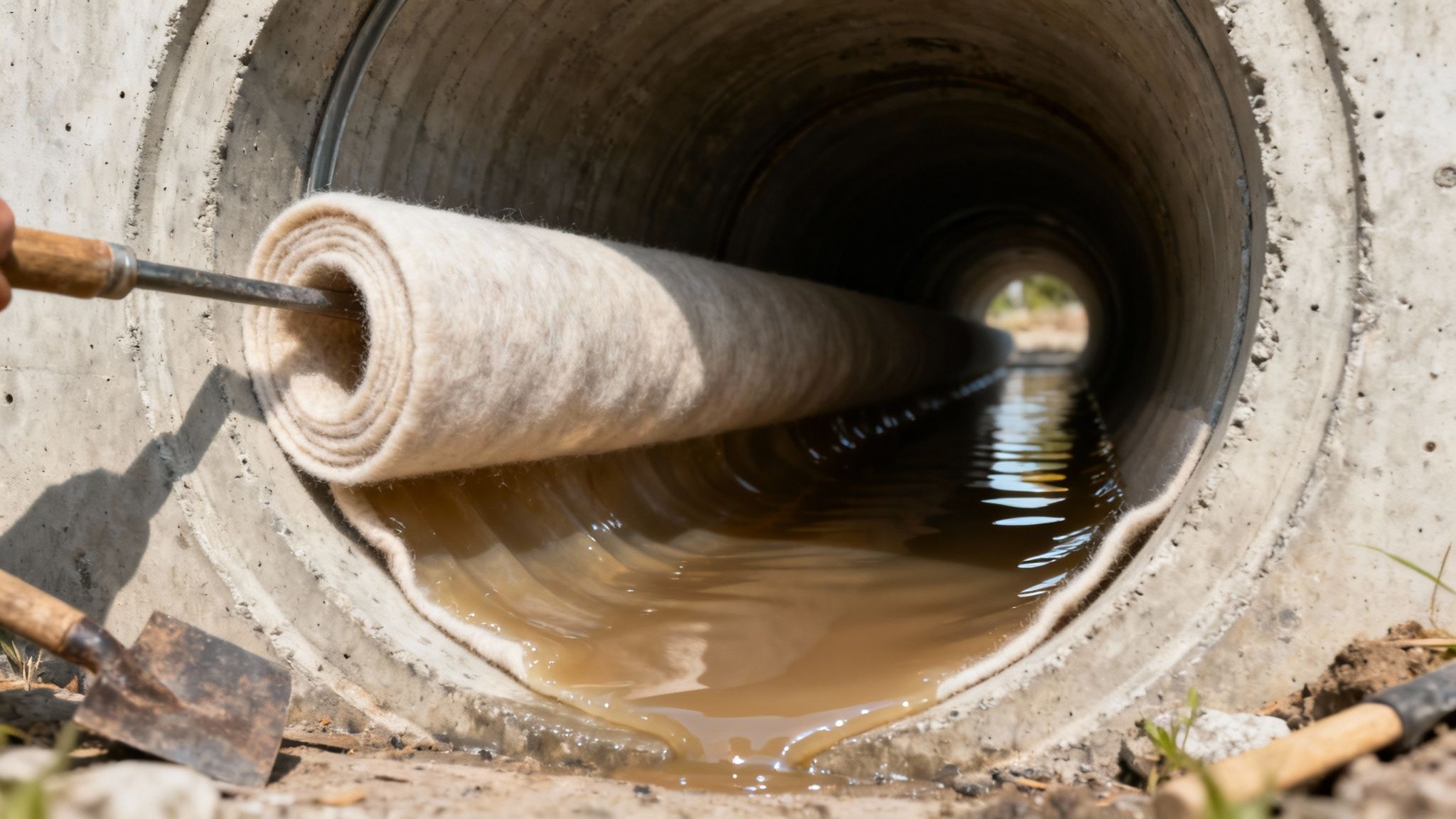 Strømpeforing installation i betonkloak med mudret vand og renoveringsværktøj synligt