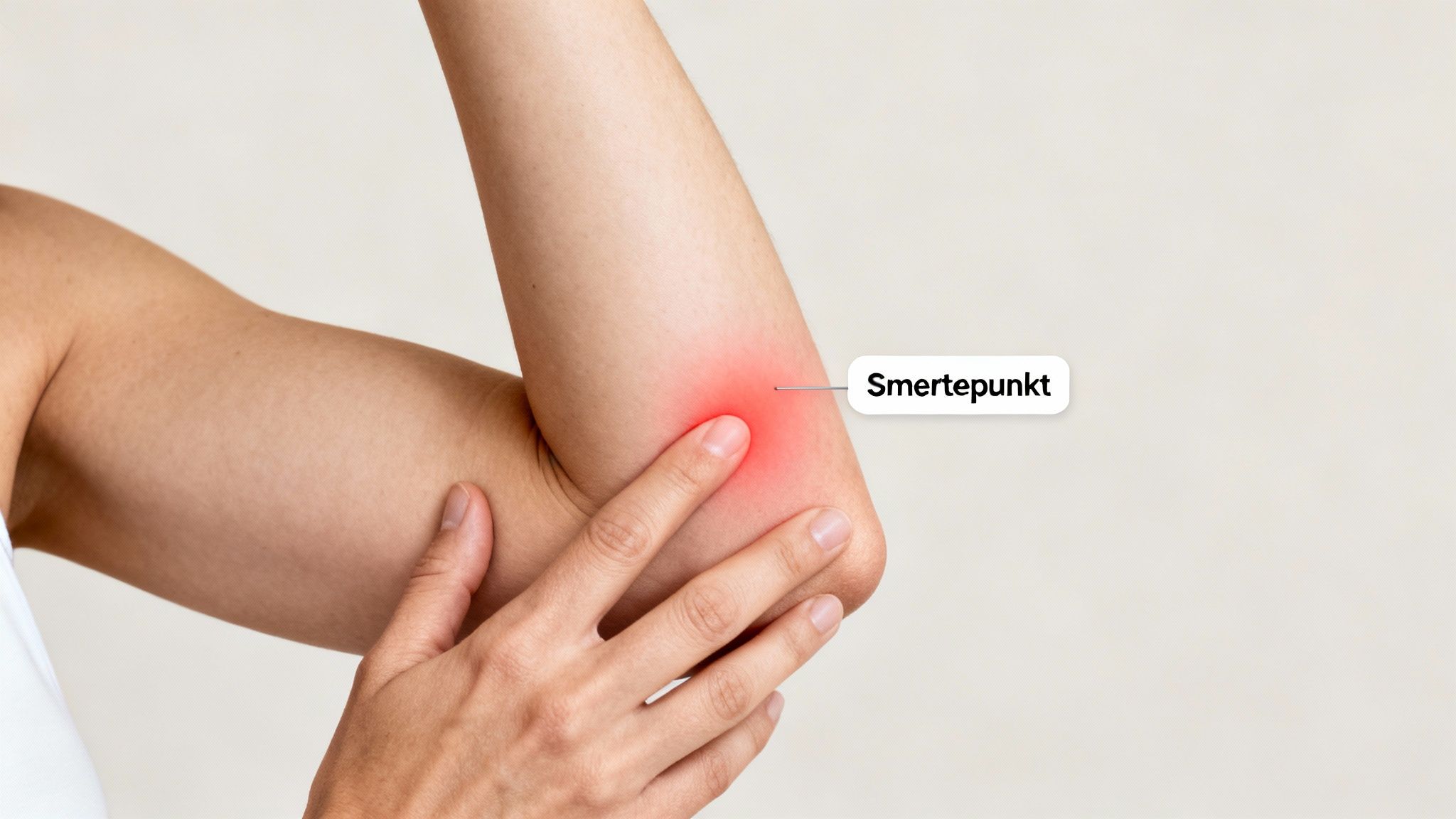 En person holder sin albue, hvor et rødt smertepunkt er markeret, hvilket indikerer ubehag eller betændelse.