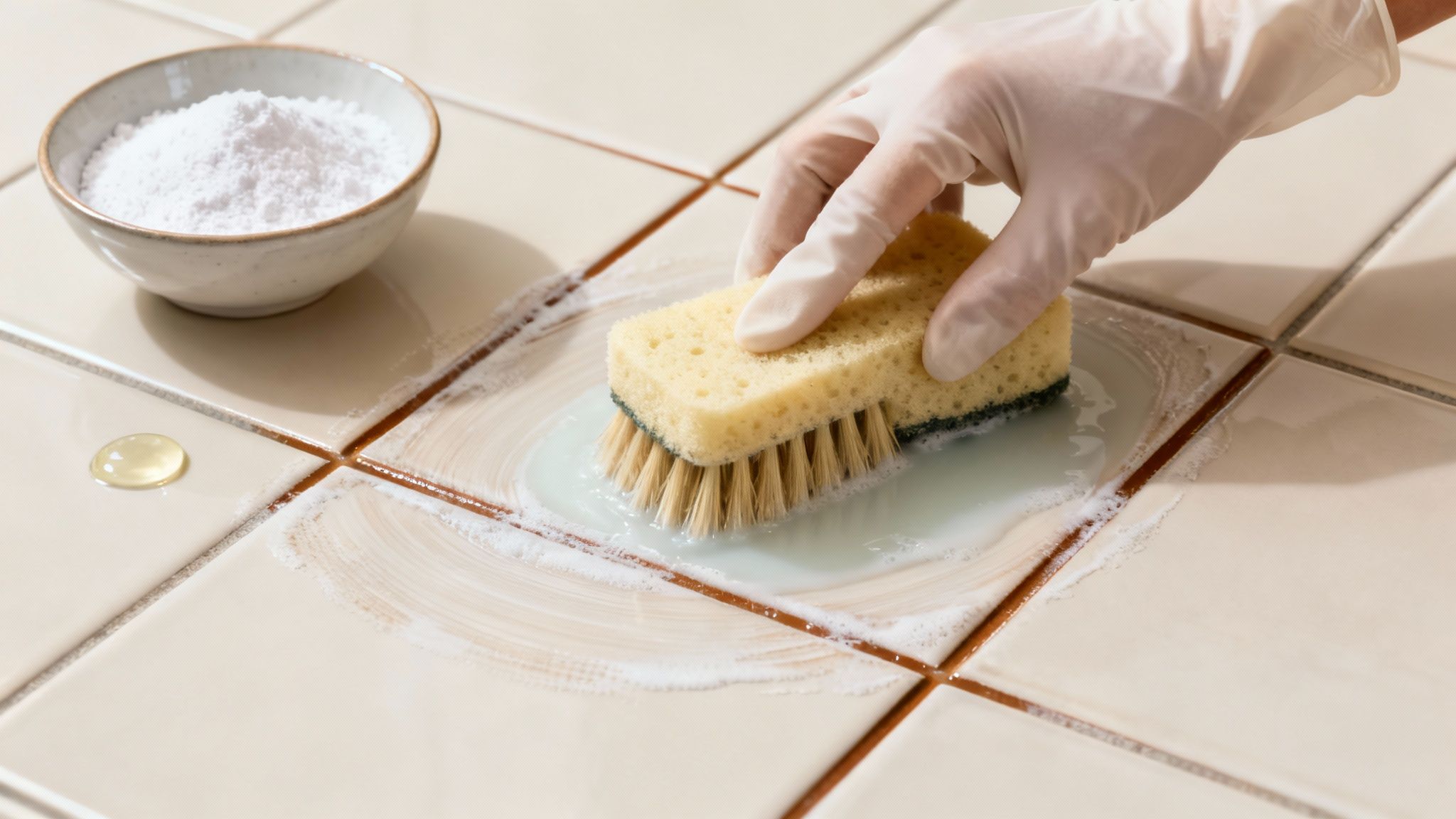 En handskeholder hånd skrubber fliser med en børste og rengøringsmiddel. En skål med hvidt pulver står i nærheden.