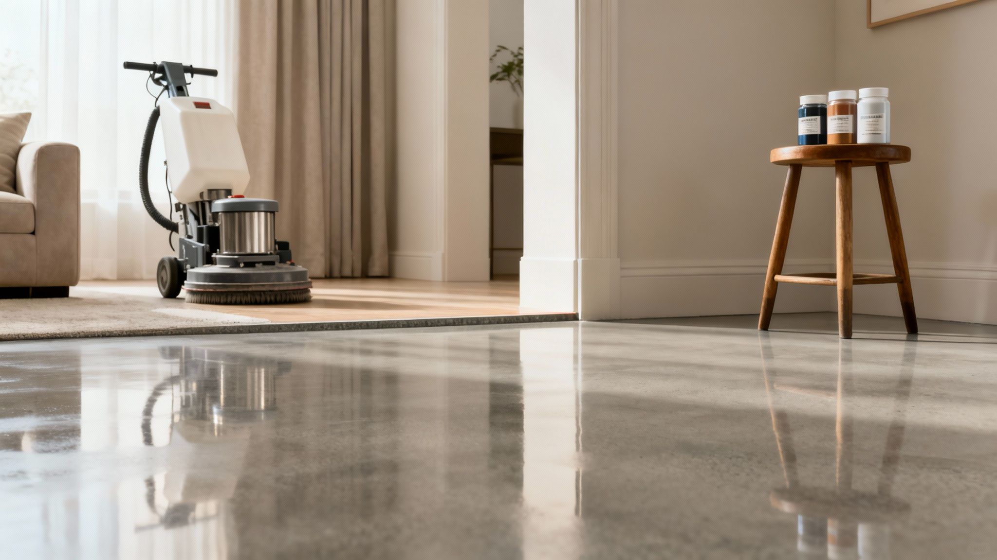 En gulvpoleringsmaskine på et trægulv, med et skinnende betongulv og produkter til gulvbehandling.