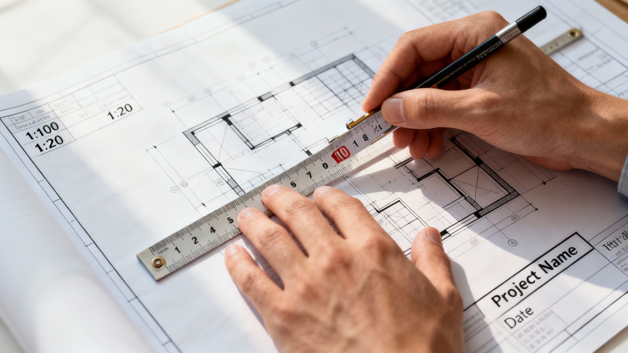 En person der tegner på et stykke papir med en blyant og lineal