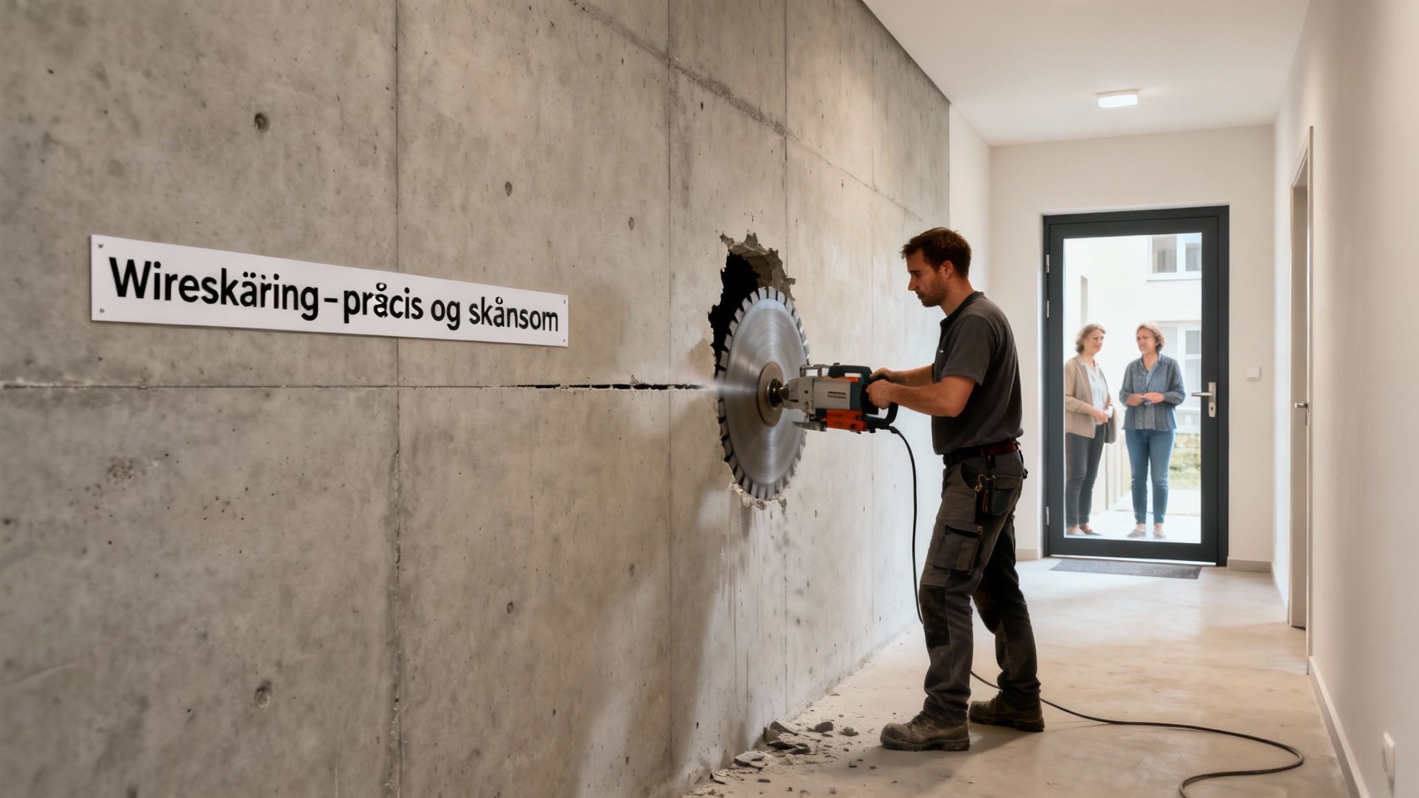 En mand udfører wireskæring i en betonvæg med en stor sav under et skilt, mens to kvinder kigger på.