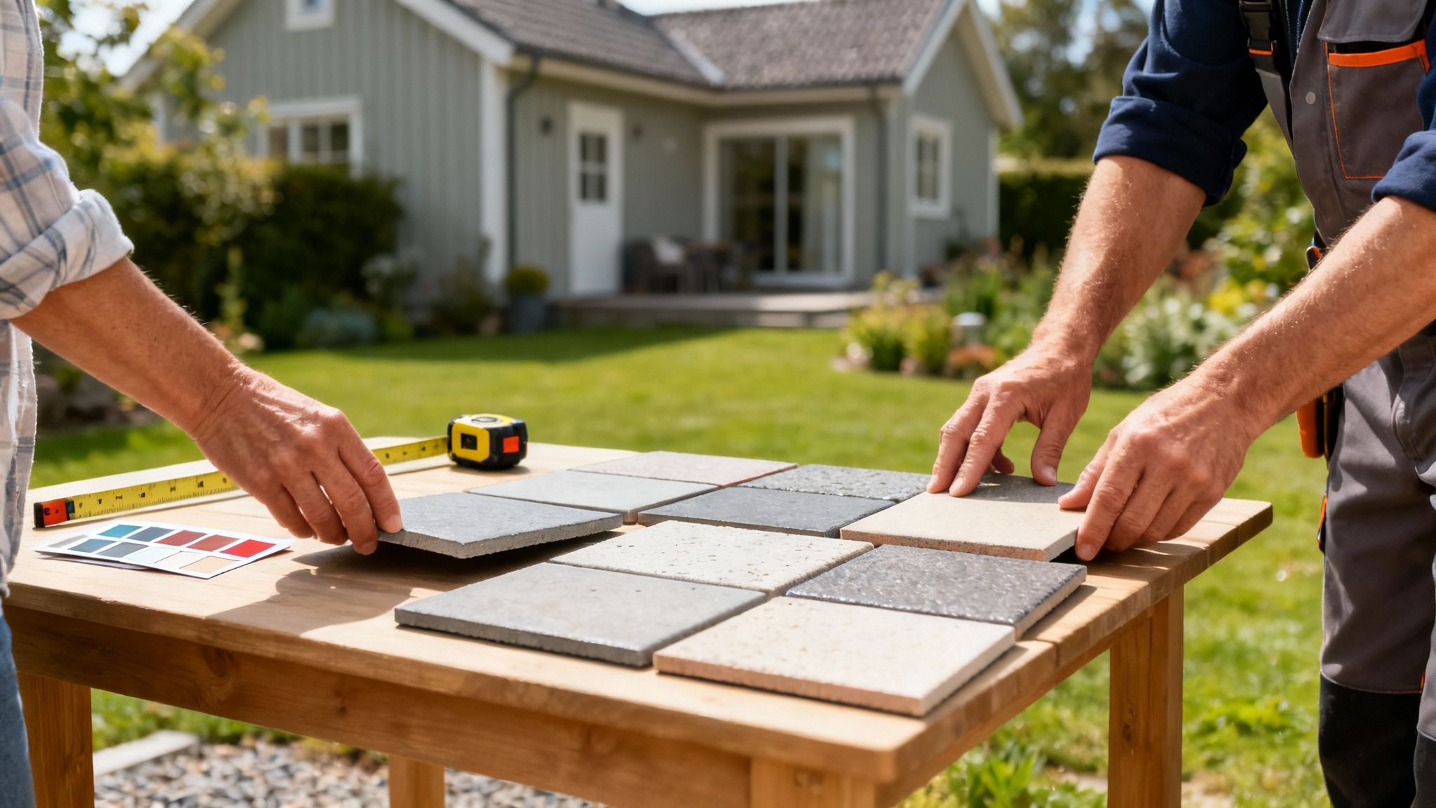 To personer vælger og arrangerer prøver af udendørs fliser på et træbord i en solrig baghave foran et hus.