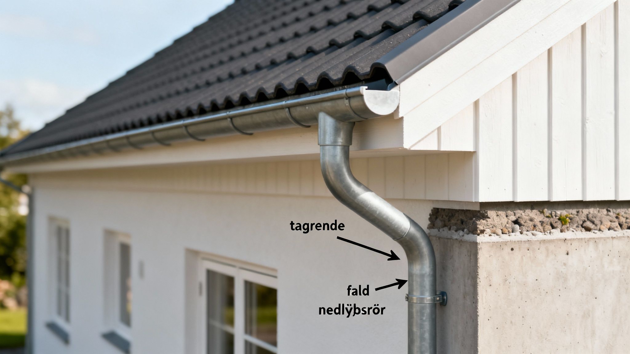 Nærbillede af hvidt hus med sort tag, grå tagrende og nedløbsrør, der viser faldet.