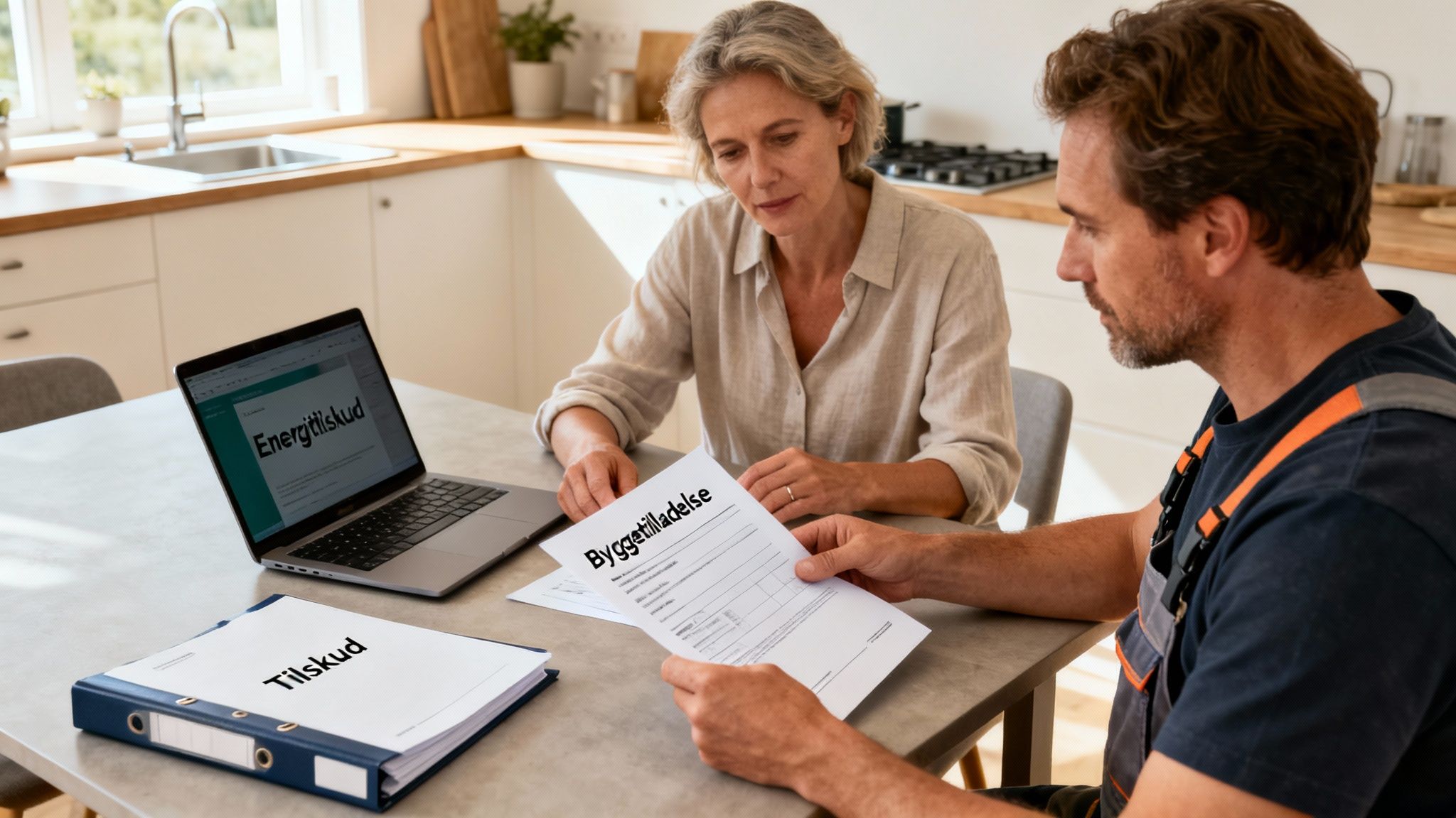 Mand og kvinde gennemgår dokumenter og bærbar computer med 'Energitilskud' og 'Byggetilladelse' i et køkken.
