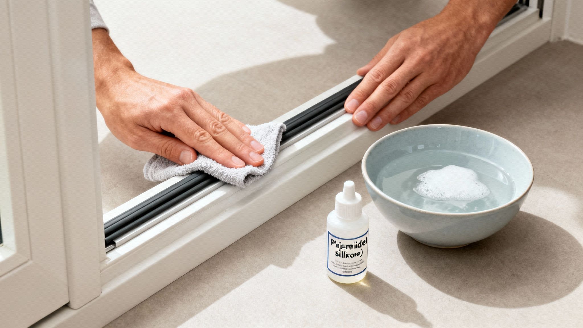 En person tørrer en tætningsliste på en dør eller et vindue med en klud. En skål med vand og en flaske med silikoneolie ses i nærheden.
