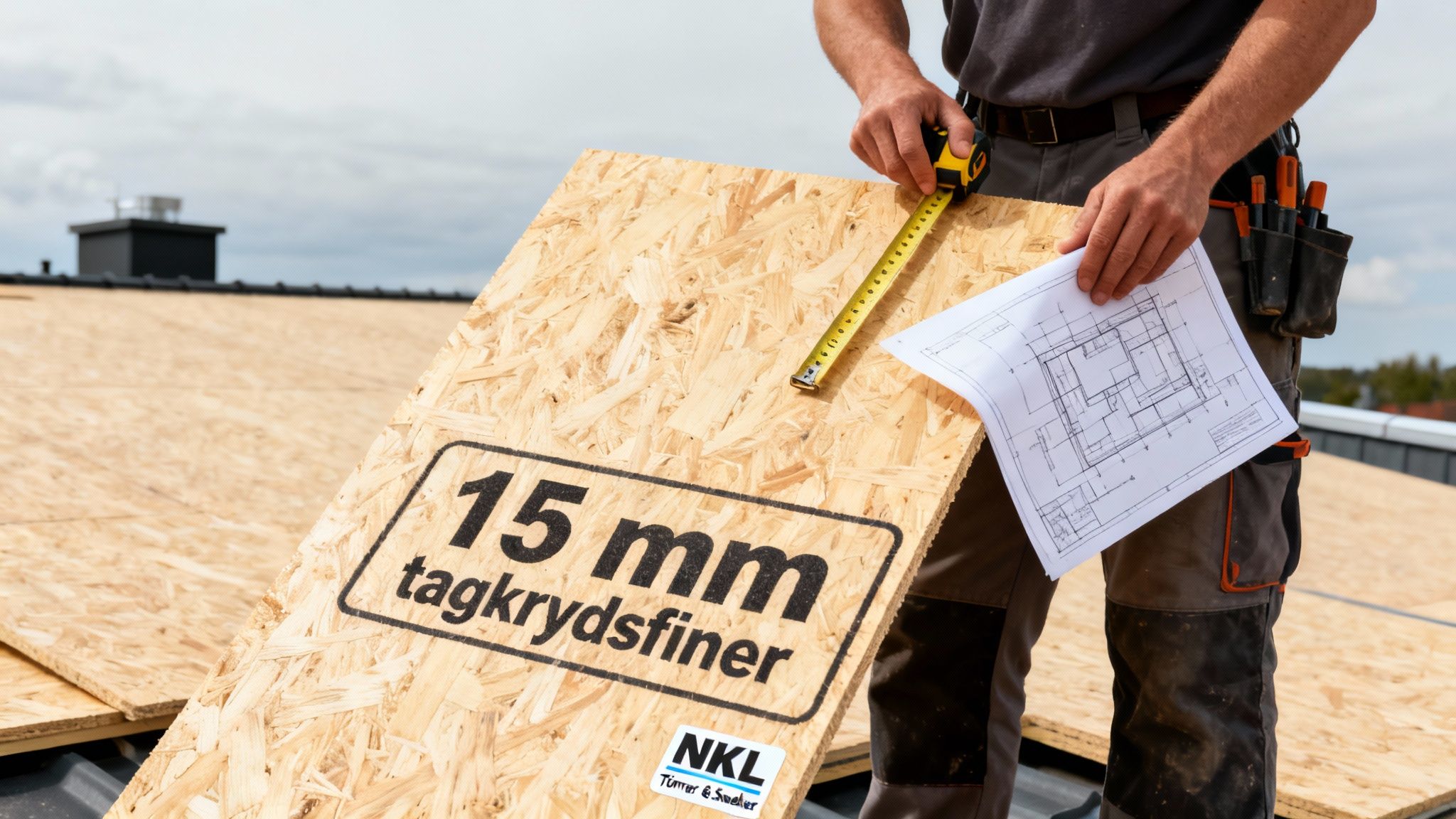 En håndværker måler en 15 mm tagkrydsfinerplade på et tag og holder byggeplaner i hånden.