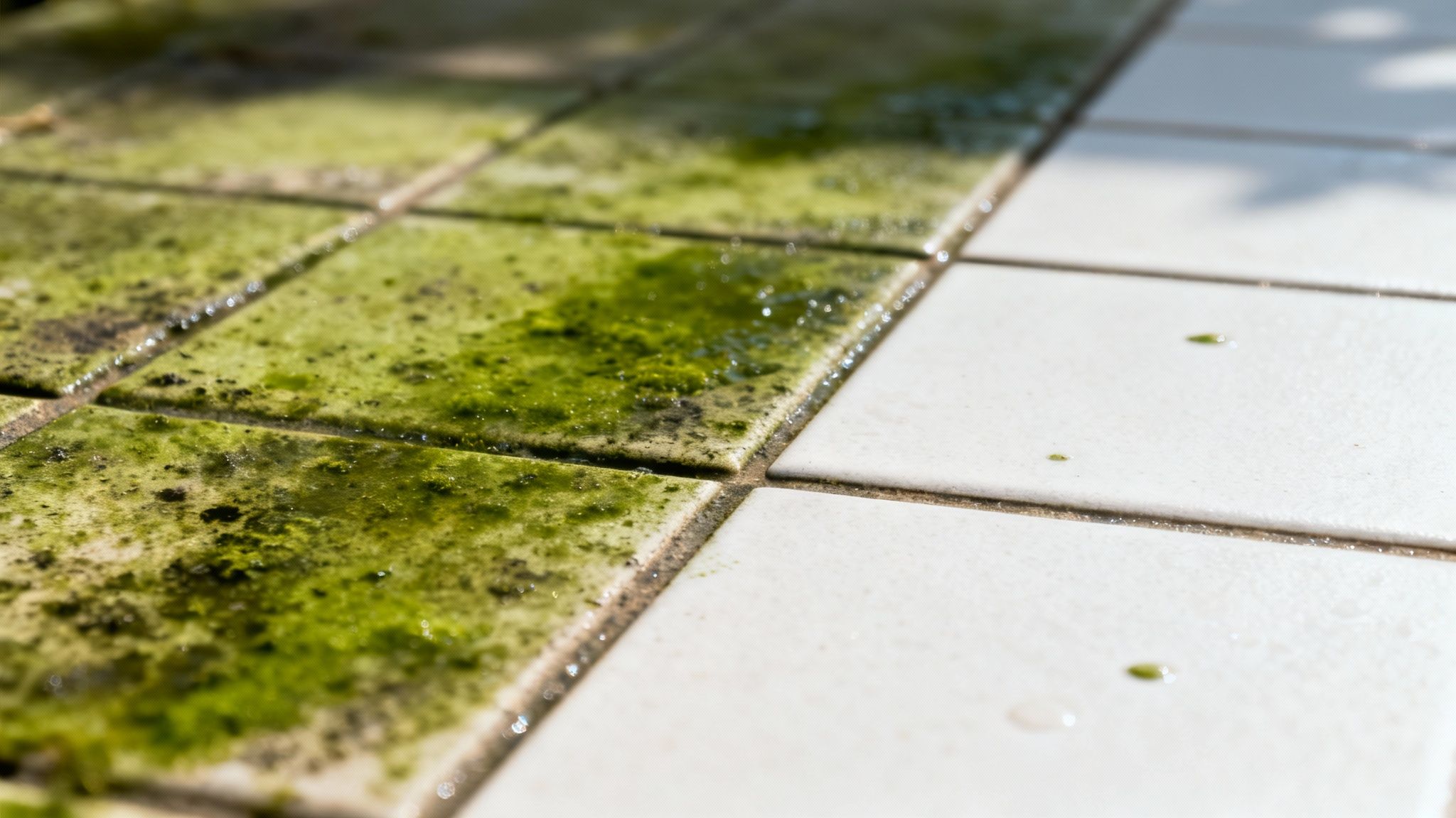 En person renser en fliseterrasse med en terrassevasker.
