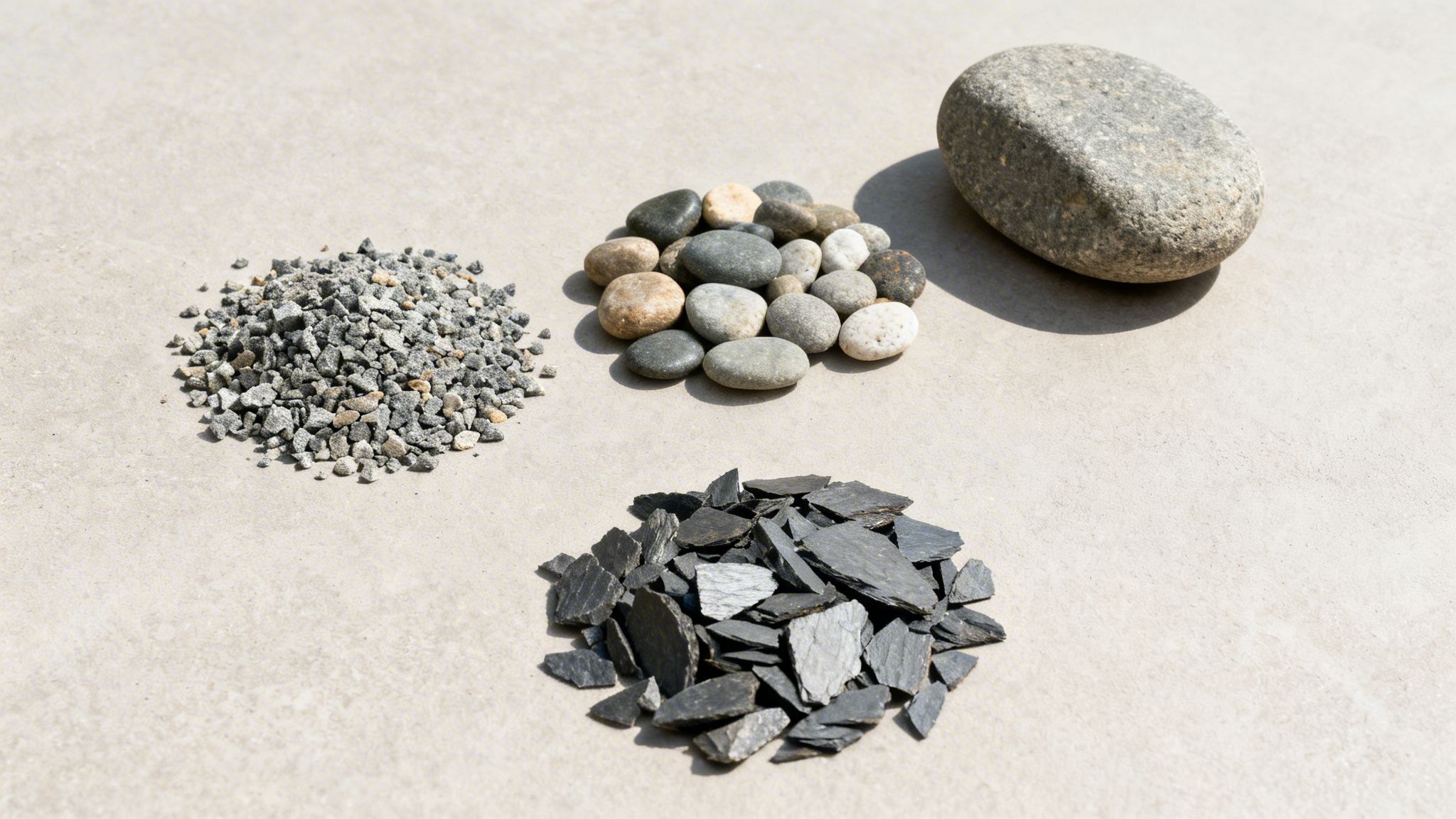 Forskellige typer sten til landskabspleje, inklusive grus, glatte sten, skiferflager og en stor, oval sten.