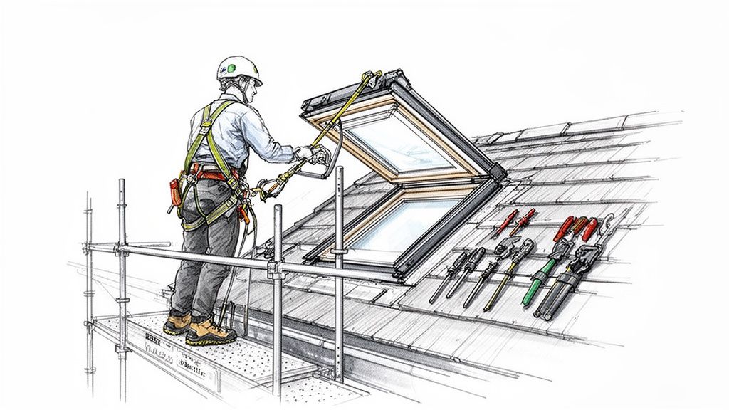 En arbejder monterer et Velux vindue på et tag fra et stillads, iført sikkerhedsudstyr og med værktøj liggende.