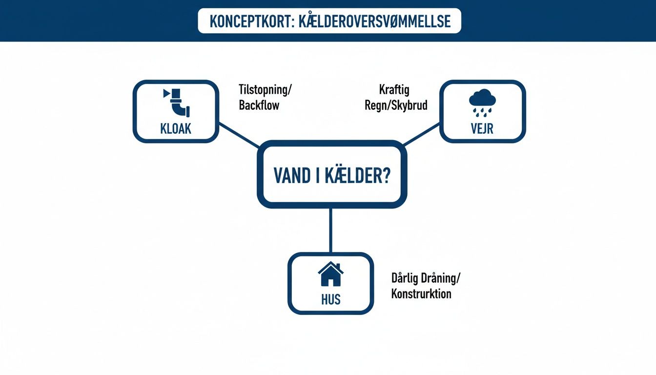 Konceptkort, der visualiserer årsager til oversvømmelse i kældre, inklusiv kloak, vejr og husets konstruktion.