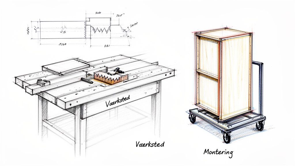 Detaljerede skitser af en arbejdsbænk med værktøj, en svalehalesamling og en trækasse på en monteringsvogn.