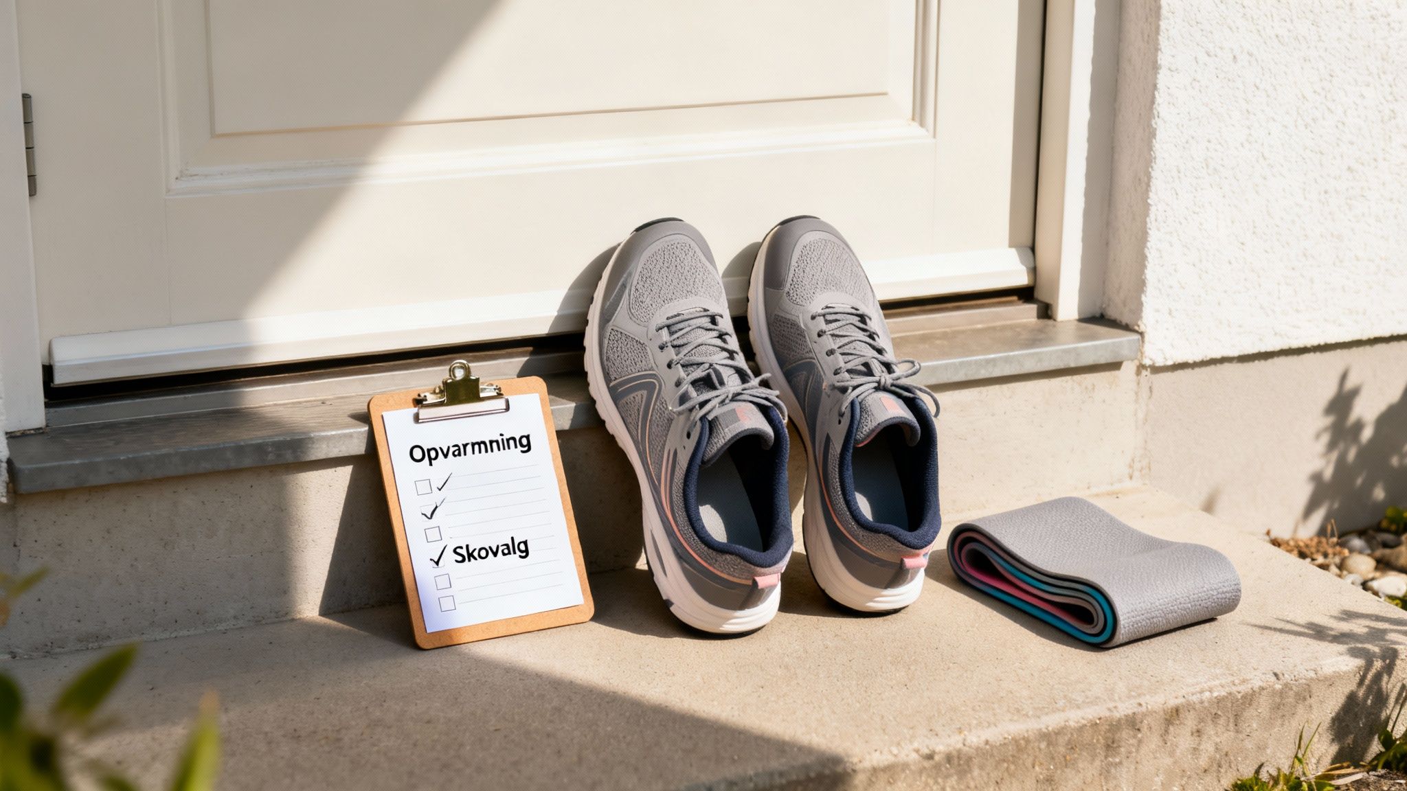 Grå løbesko, en tjekliste med 'Opvarmning' og 'Skovalg' markeret, og en træningsmåtte på et dørtrin.