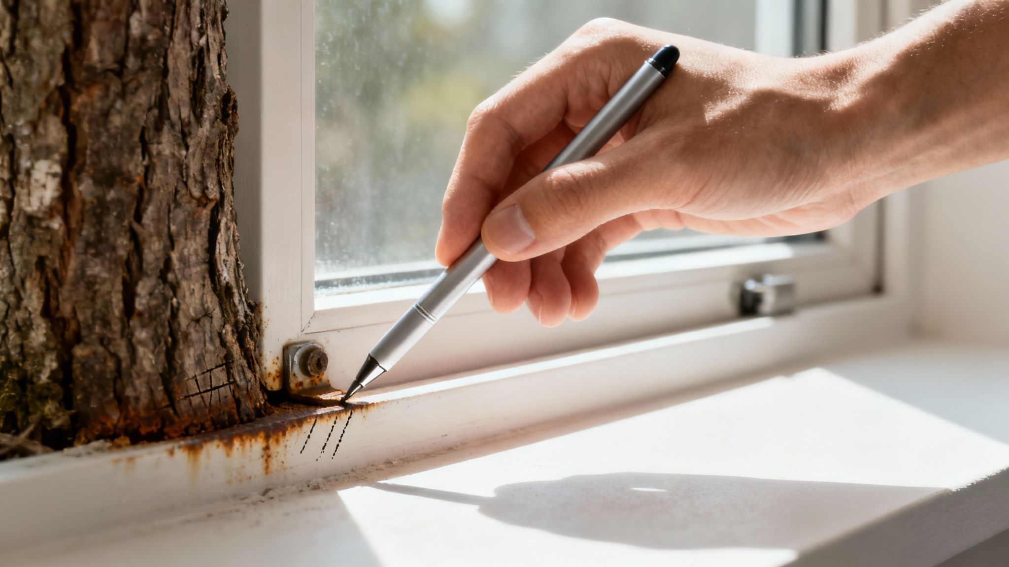 En tømrer undersøger træværket på et gammelt vindue med en syl.