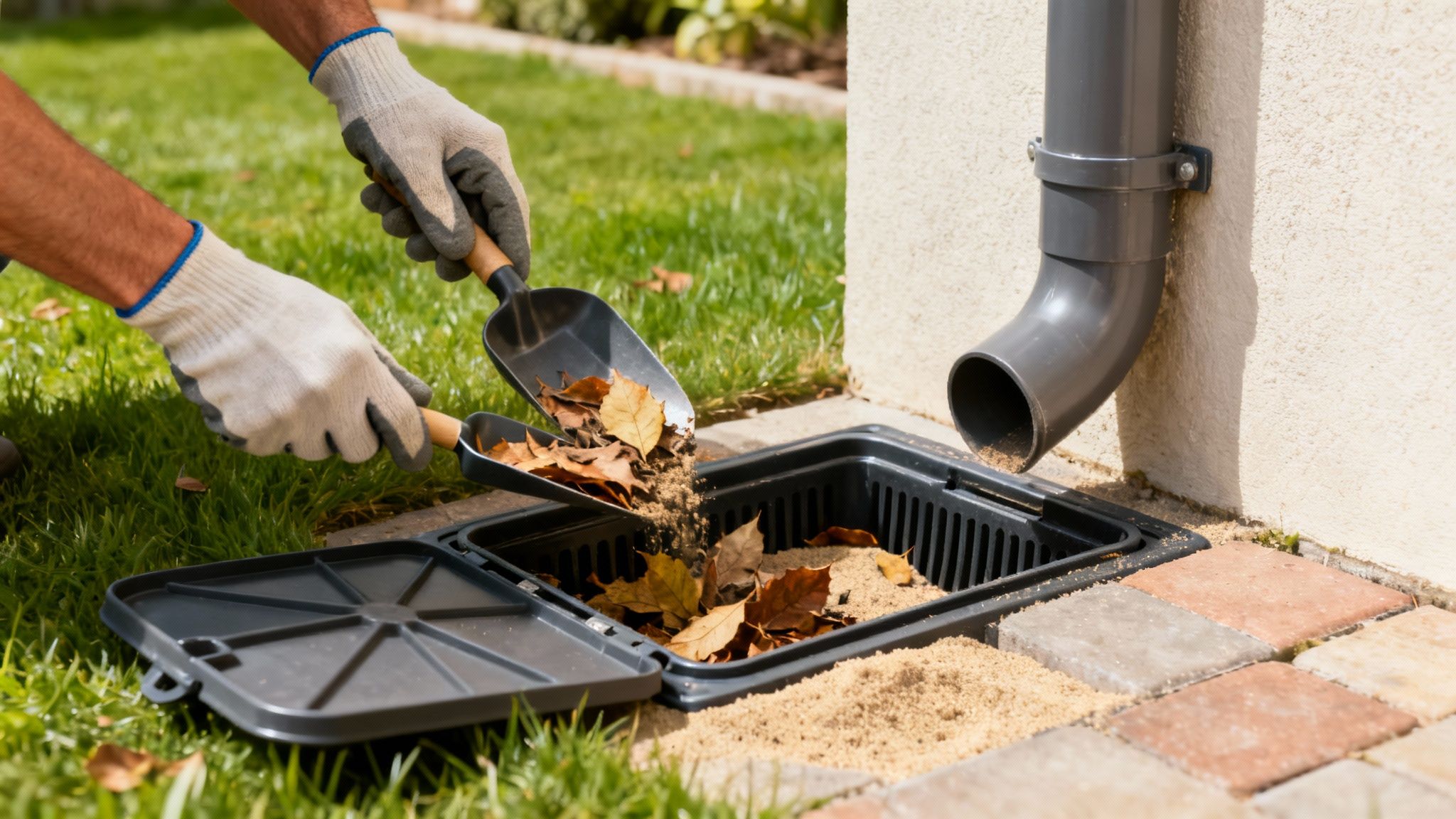 En person i havehandsker skovler blade og sand fra en flisebelægning ned i en faskine ved et nedløbsrør.